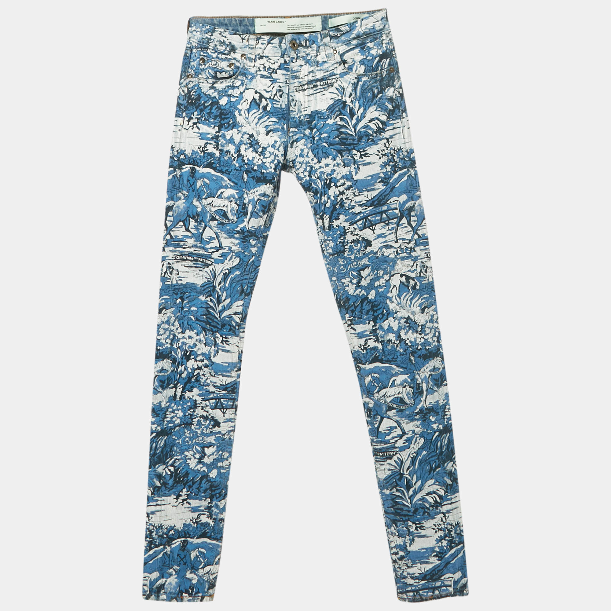 مملوكة مسبقًا Off-White Blue Printed Denim Tapestry Skinny Jeans S Waist 26"