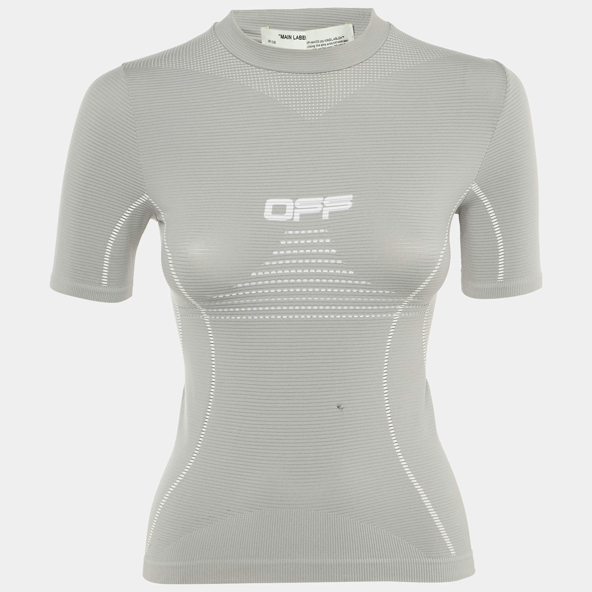 Pre Owned Off-White Grey Logo Jersey Active T-shirt S/M