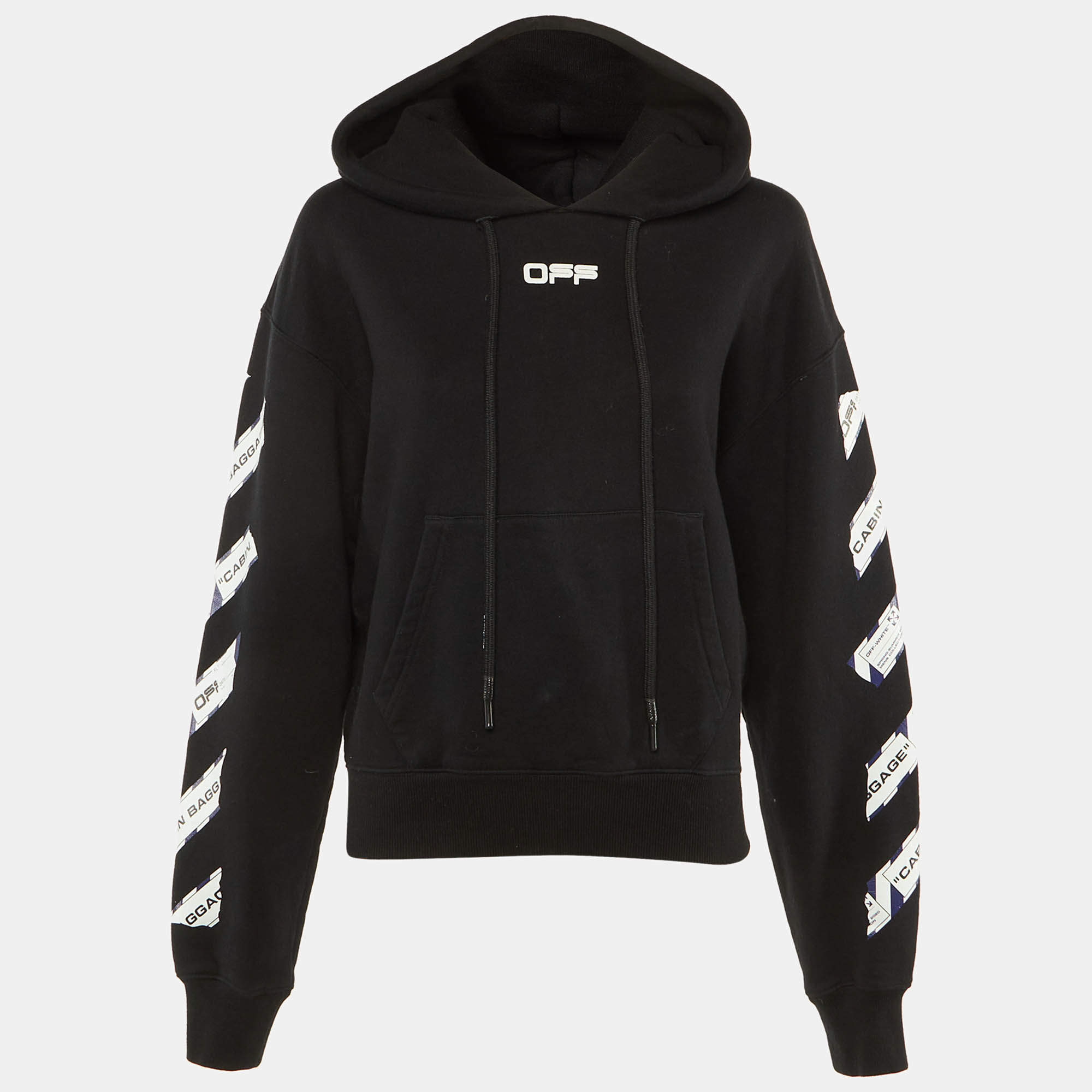Pre Owned Off-White Black Cabin Baggage Tape Print Cotton Hoodie S