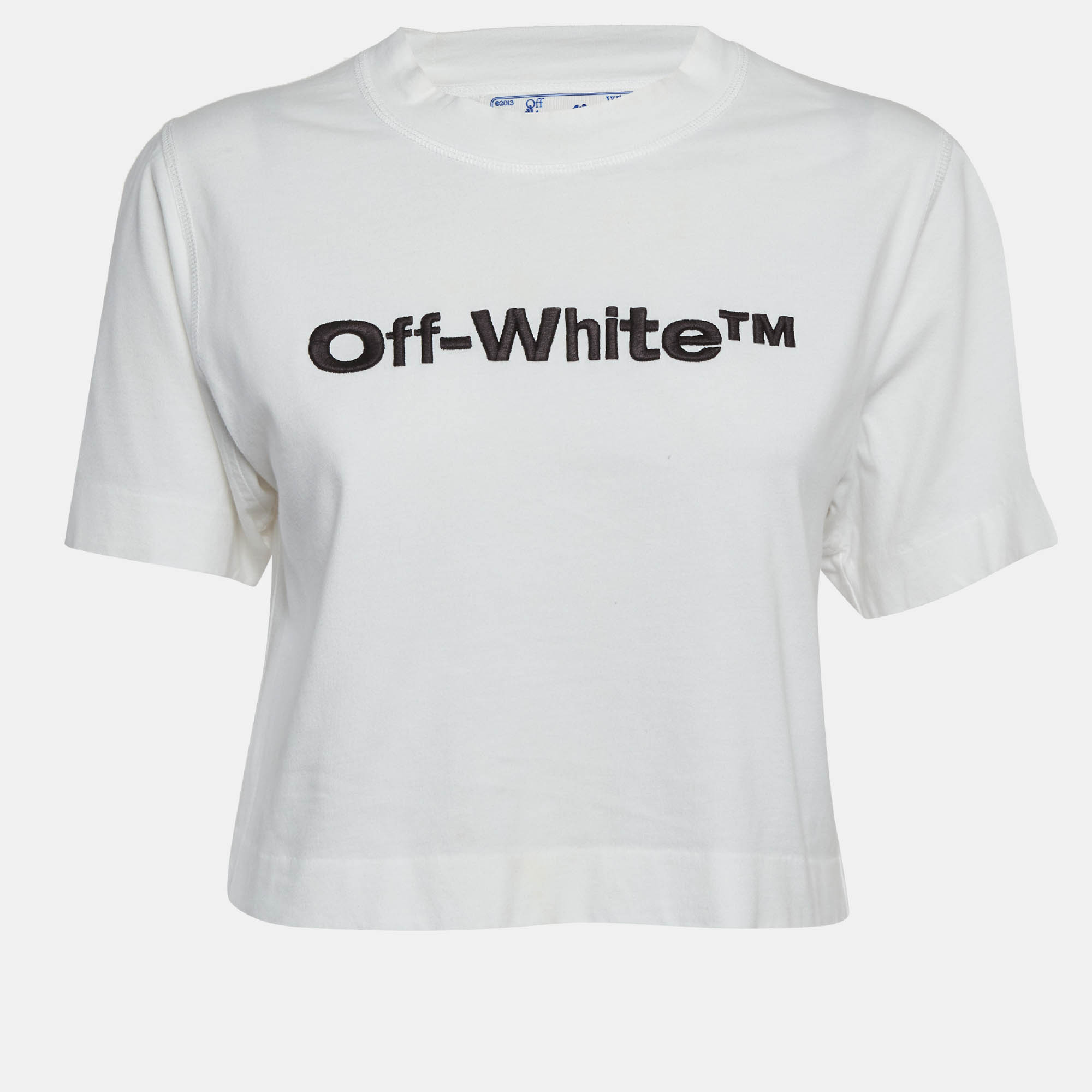 Pre Owned Off-White White Logo Embroidered Crop T-Shirt XS