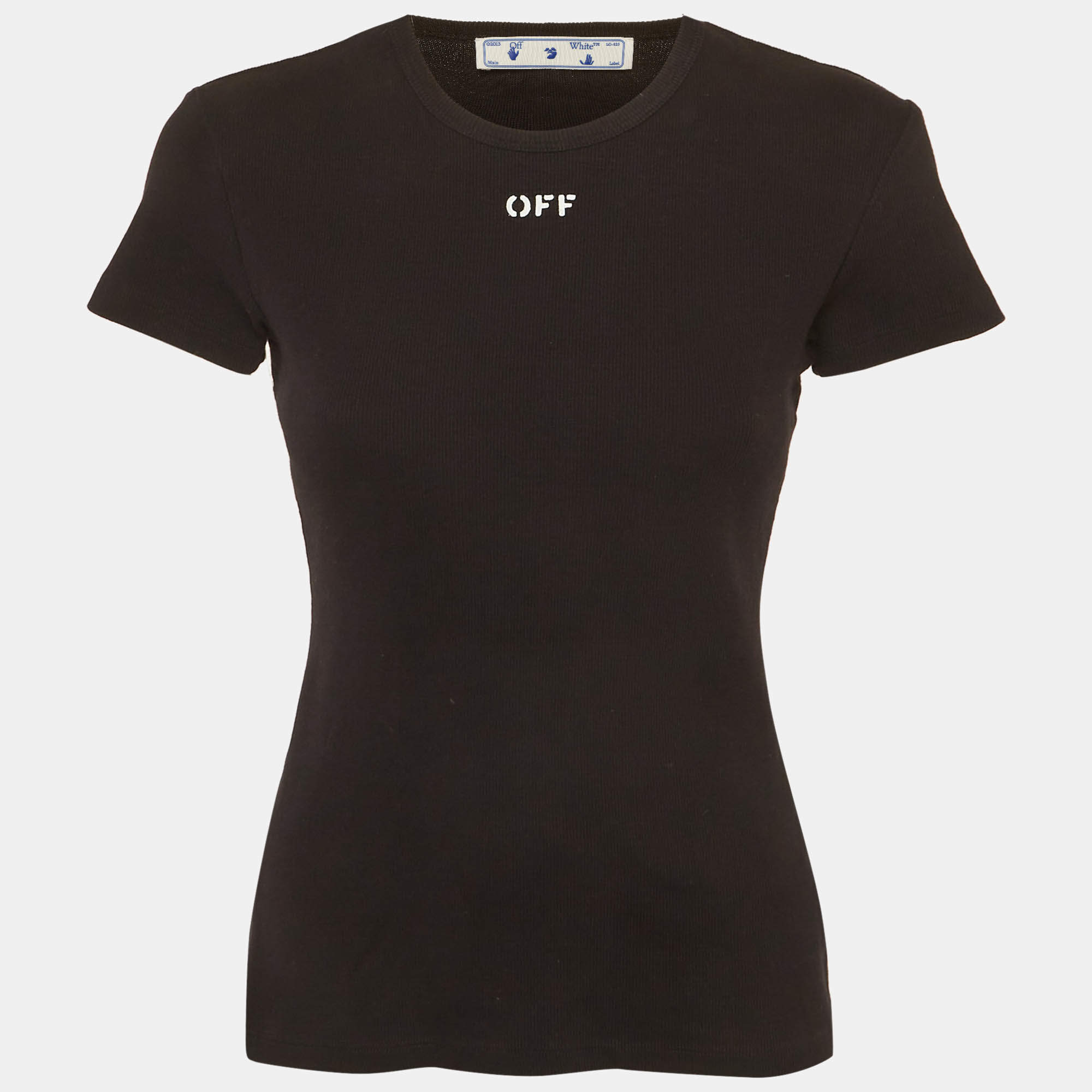 Pre Owned Off-White Black Logo Print Rib Knit T-Shirt S