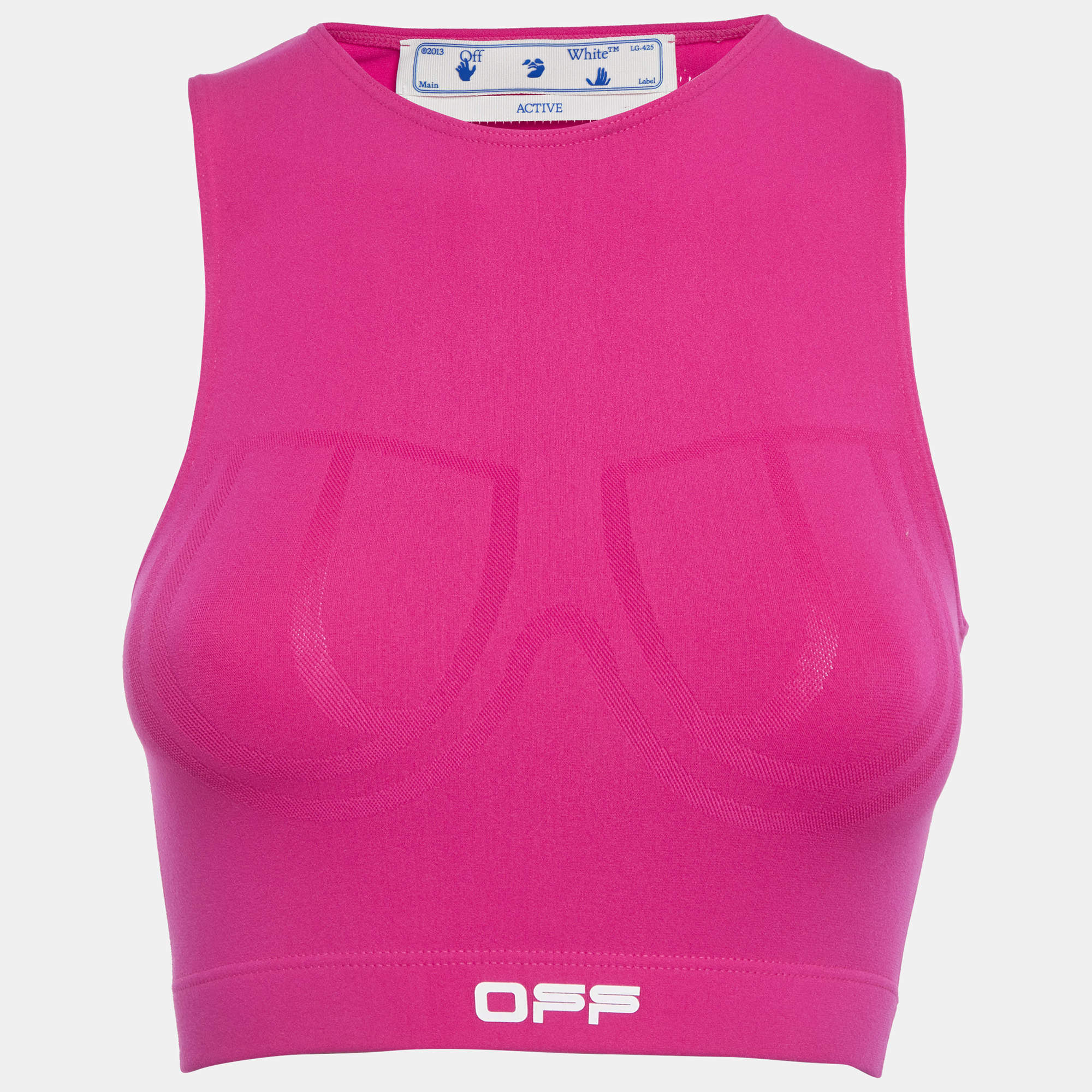 Pre Owned Off-White Active Pink Logo Print Jersey Crop Top XS