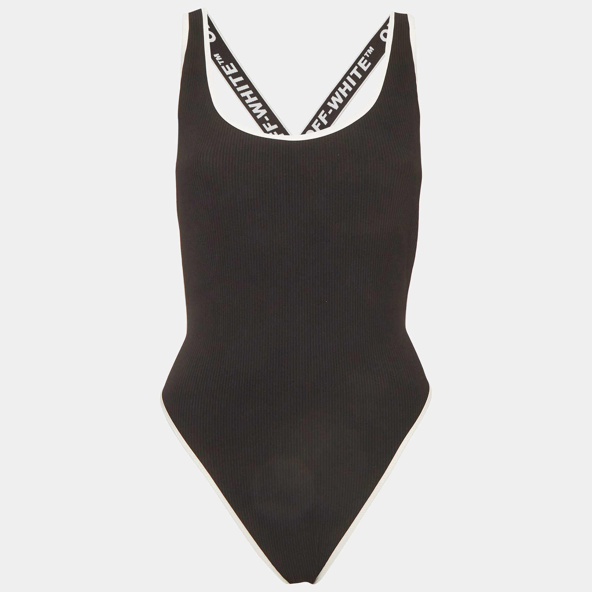 Pre Owned Off-White Monochrome Nylon Blend Contrasting Trim Detail Swimsuit L 