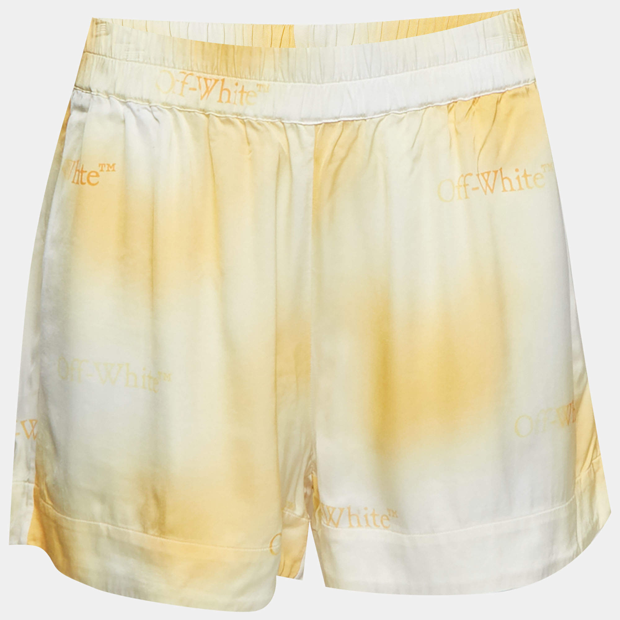 Pre Owned Off-White White/Yellow Logo Tie-Dye Print Sateen Shorts L 