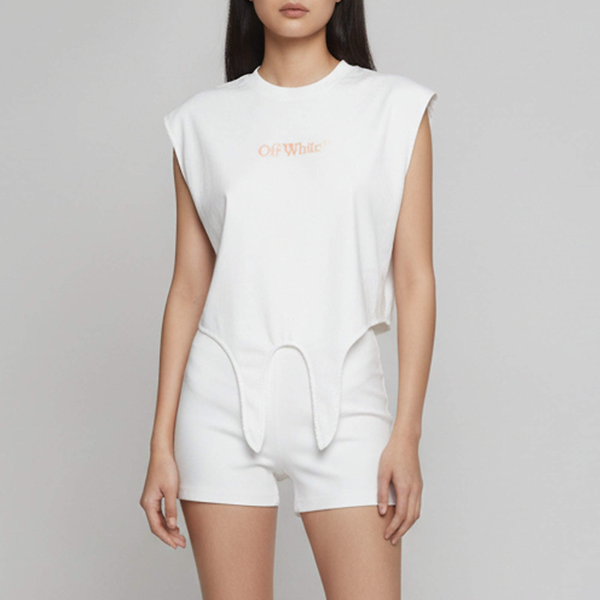 Pre Owned Off-White White Logo Print Jersey Front-Tie Sleeveless Top M
