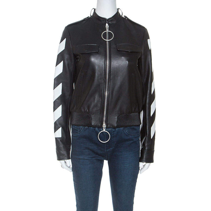 Off White Black Leather Contrast Detail Zip Front Jacket S