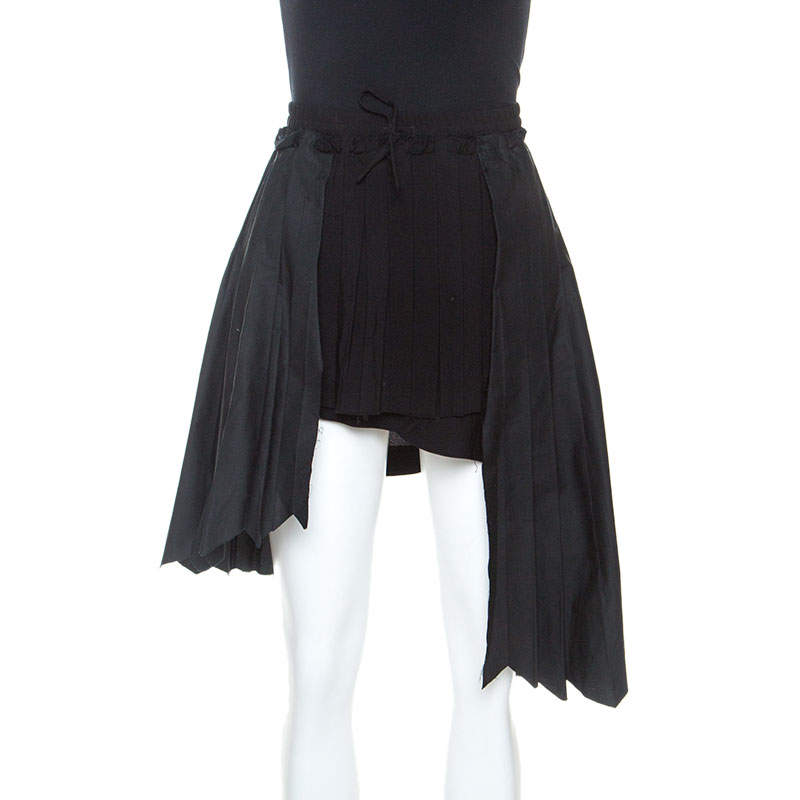 Pre Owned Off-White Black Pleated Crepe Asymmetric Skirt M