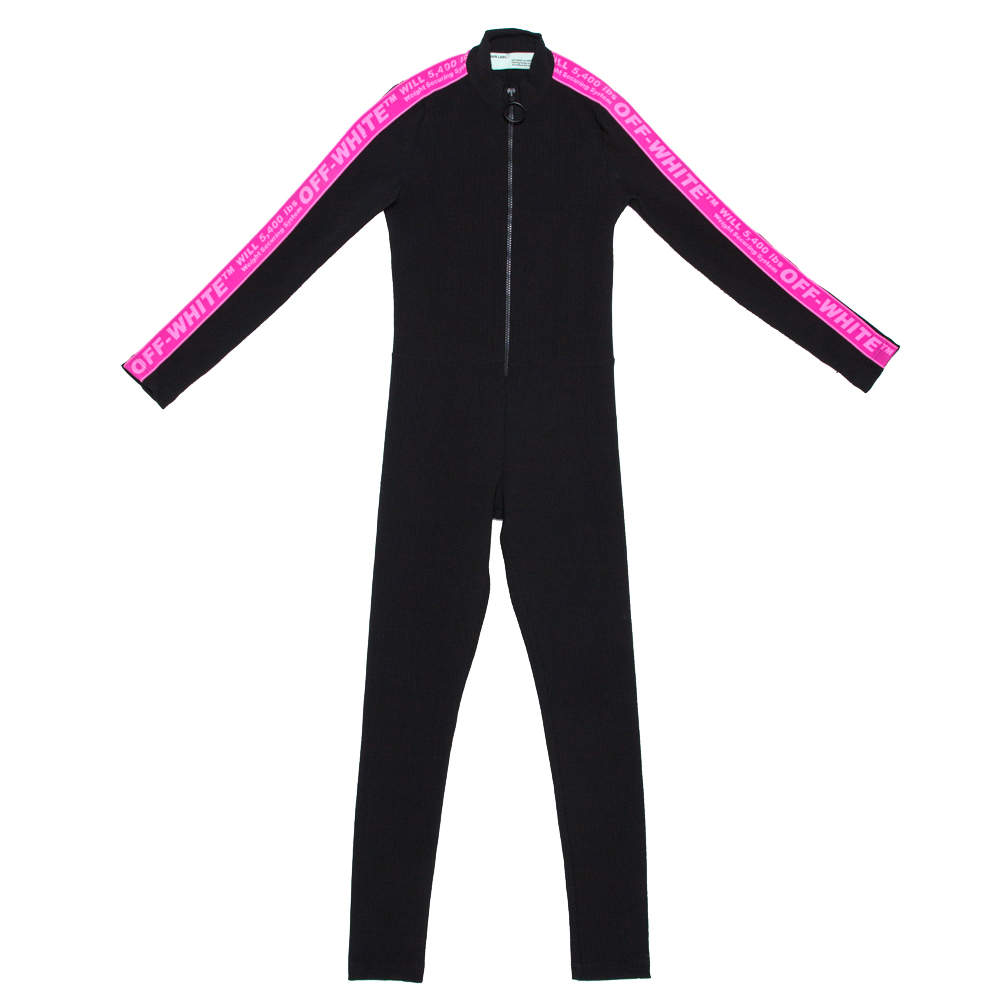 Pre Owned Off-White Black Ribbed Stretch Nylon Logo Band Detail Jumpsuit XS