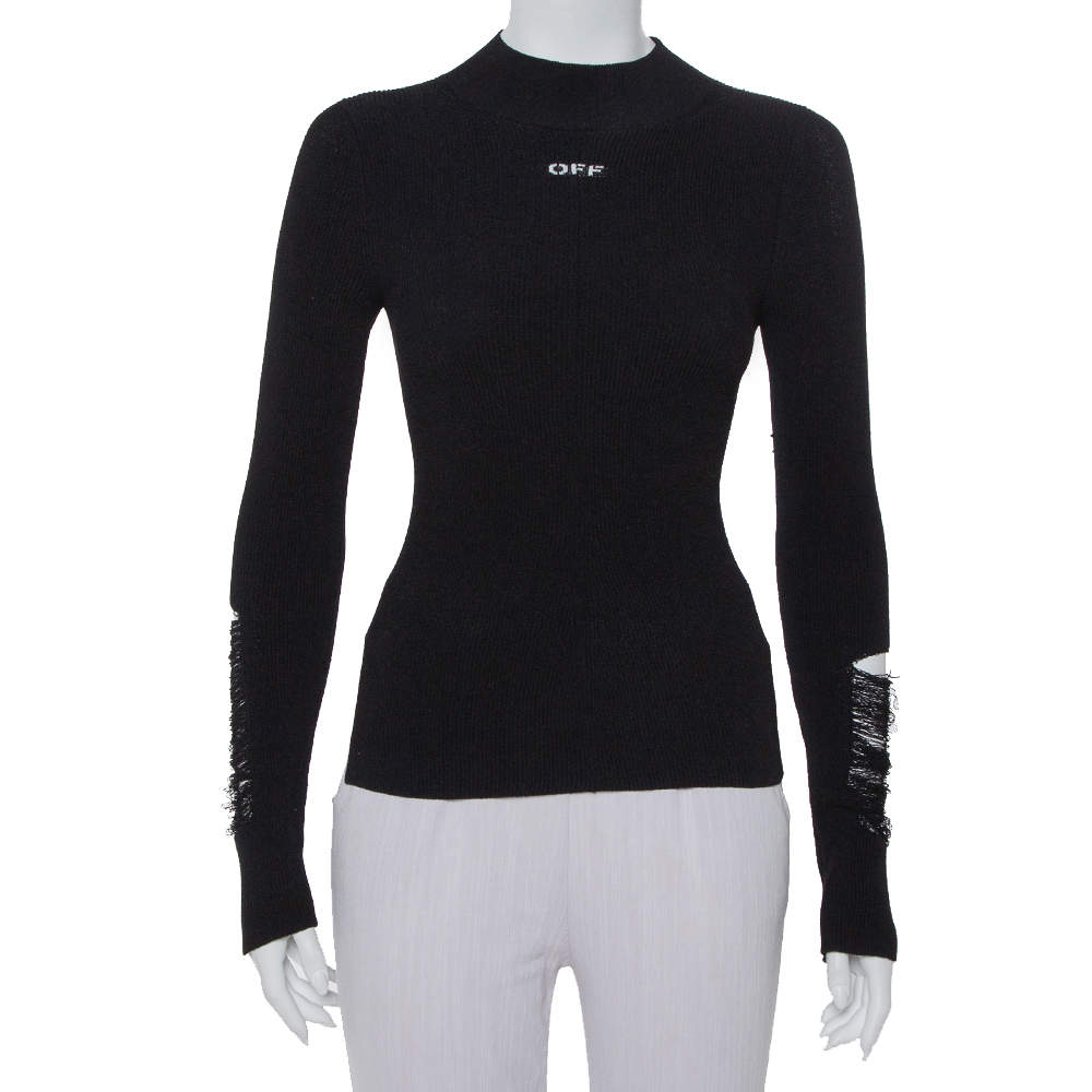 Off-White Black Knit Frayed Sleeve Detail High Neck Jumper XS