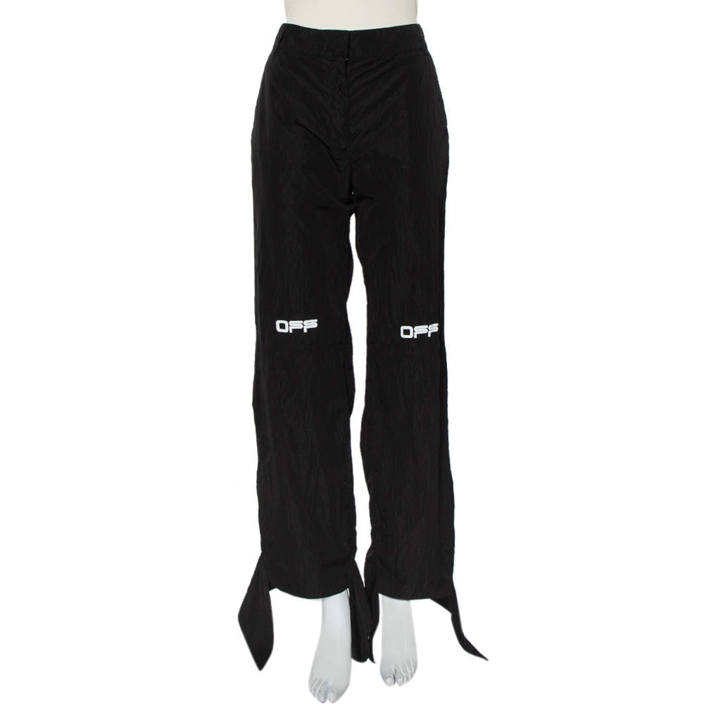 Pre Owned Off-White Black Logo Printed Synthetic Paneled Trousers L