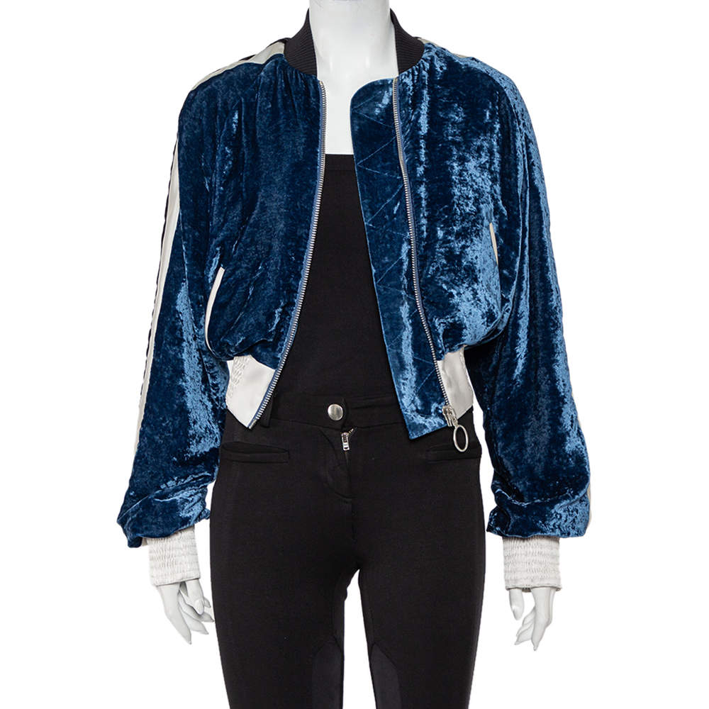 Pre Owned Off-White Navy Blue Velvet  & Satin Trim Zip Front Bomber Jacket S 