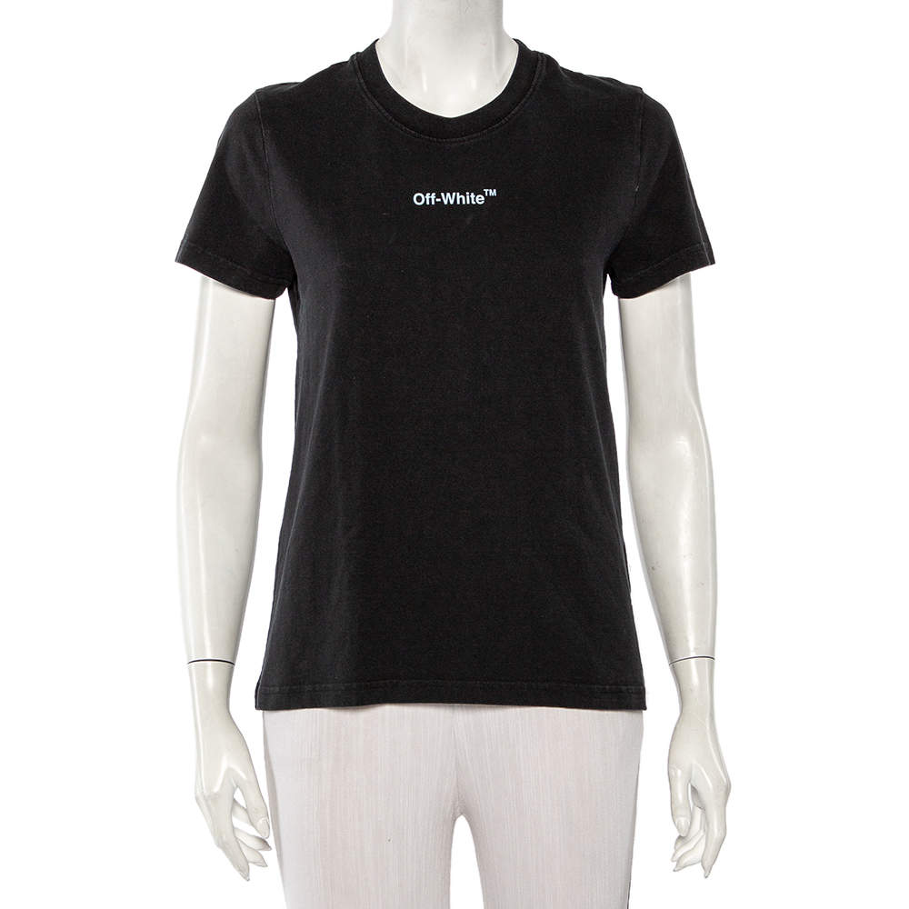 Pre Owned Off-White Black Cotton Logo Printed & Embroidered T-Shirt XS
