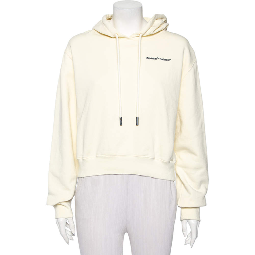 Pre Owned Off-White Cream Cotton Knit Logo Embroidered Cropped Hoodie S