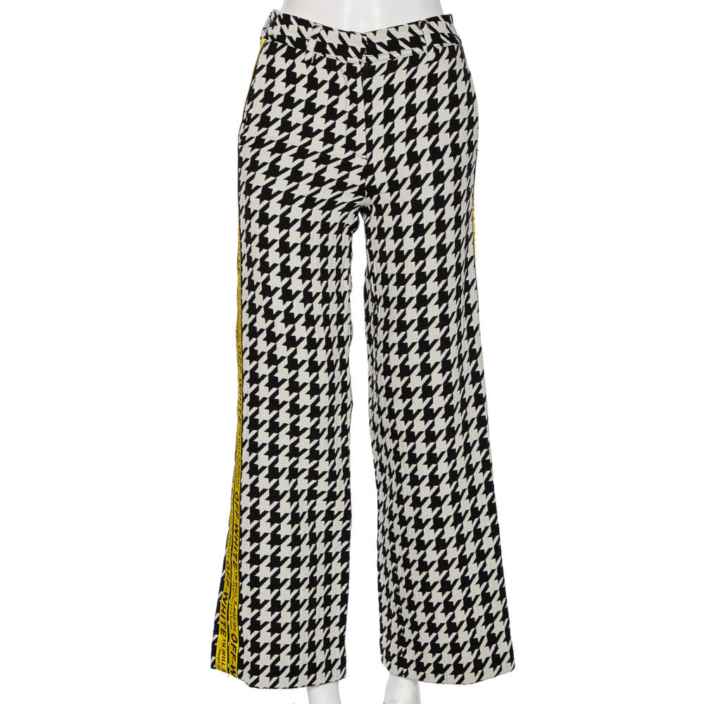 Pre Owned Off-White Monochrome Houndstooth Jacquard Wool Logo Trimmed Pants S