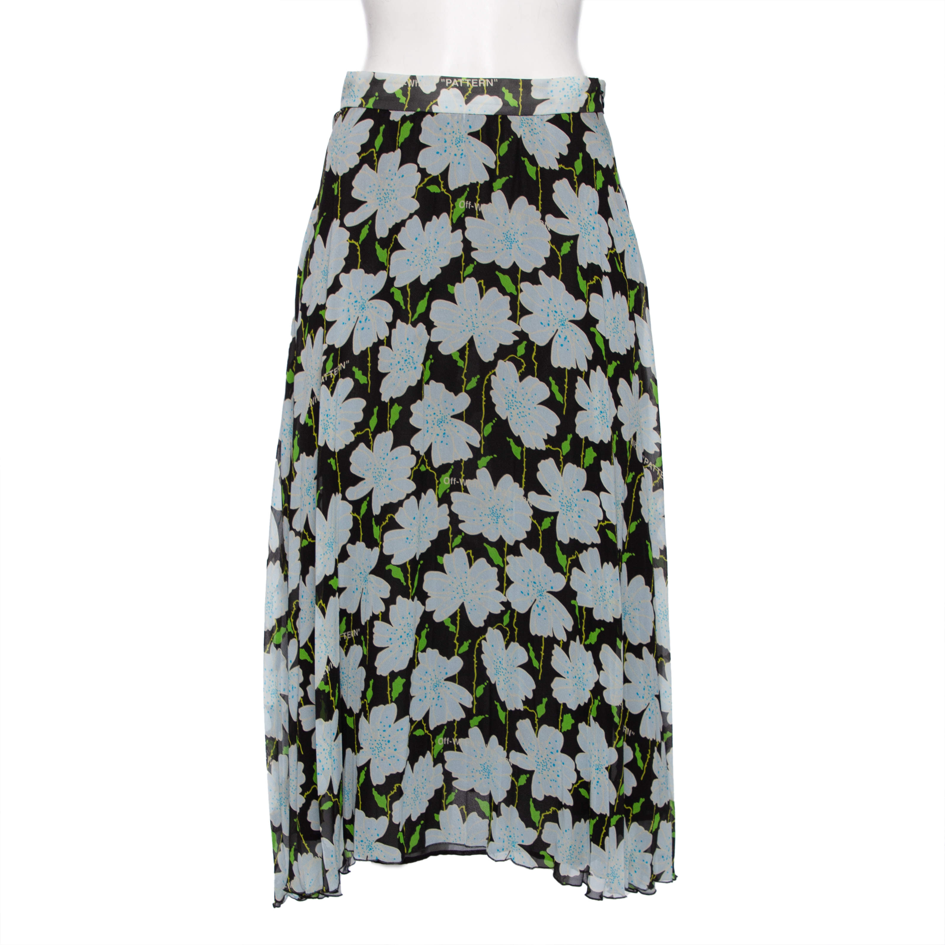 Pre Owned Off-White Multicolored Floral Printed Silk Pleated Midi Skirt M