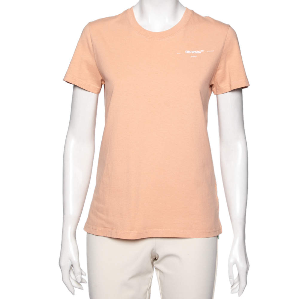 مملوكة مسبقًا تي شيرت أوف وايت قطن برتقالي زهري مطبوع شعار الماركة رقبة مستديرة مقاس صغير (سمول)