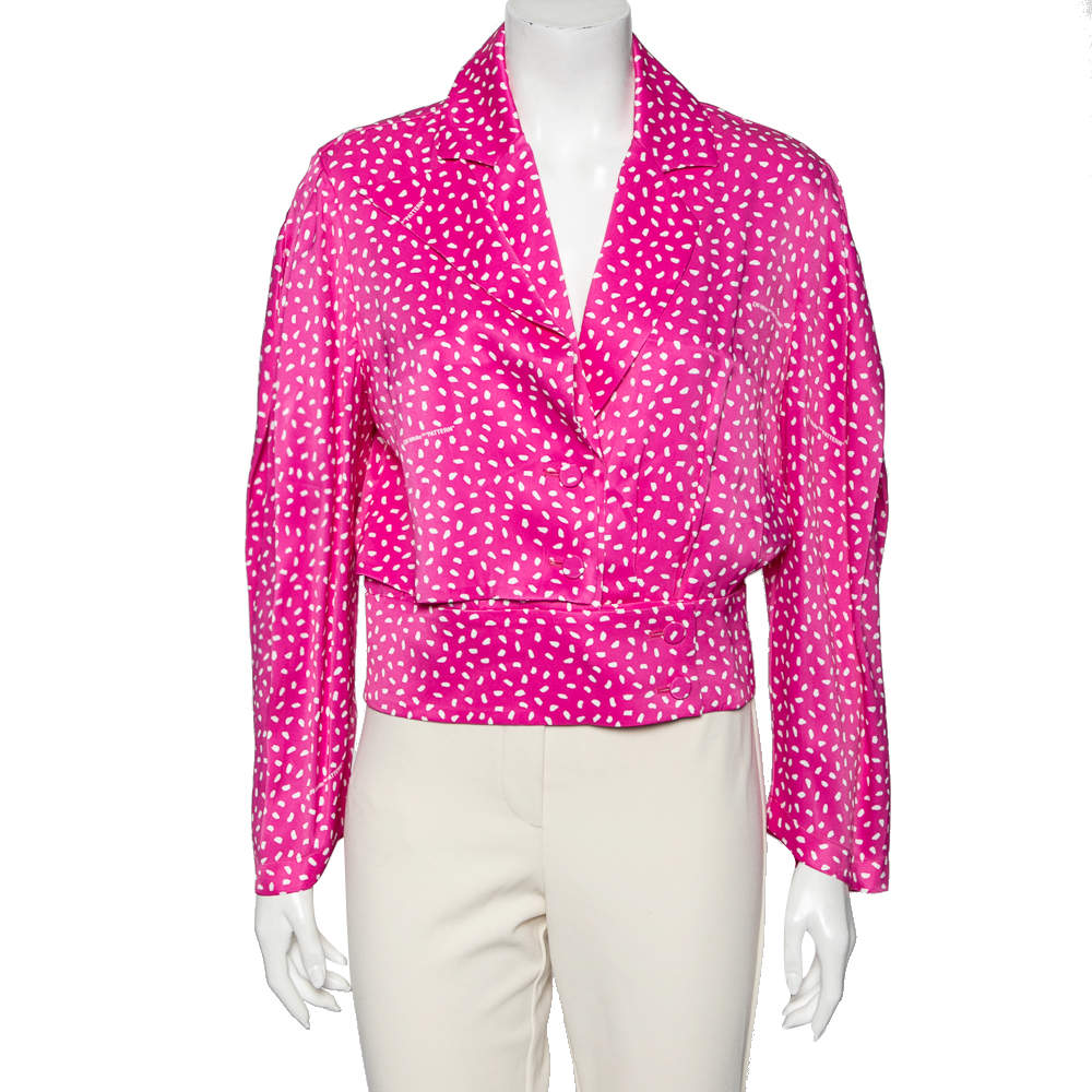 Pre Owned Off-White Pink Printed Satin Button Front Overlay Paneled Blouse M