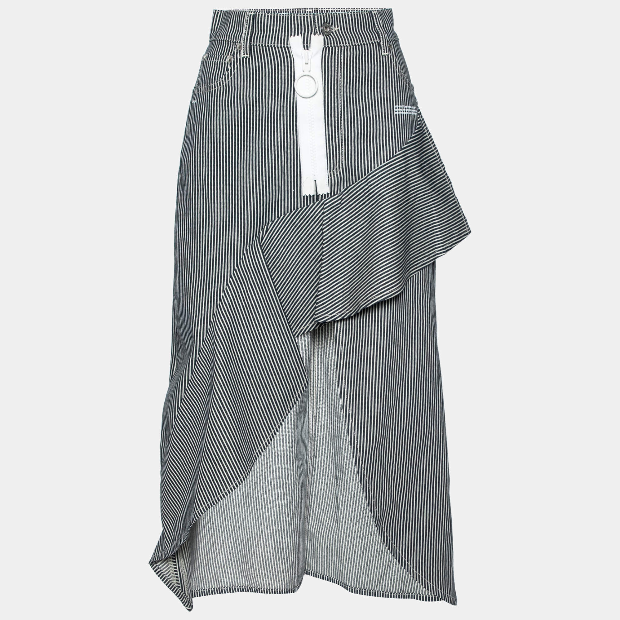 Pre Owned Off-White Blue & White Striped Denim Zip Detail Asymmetric Skirt M