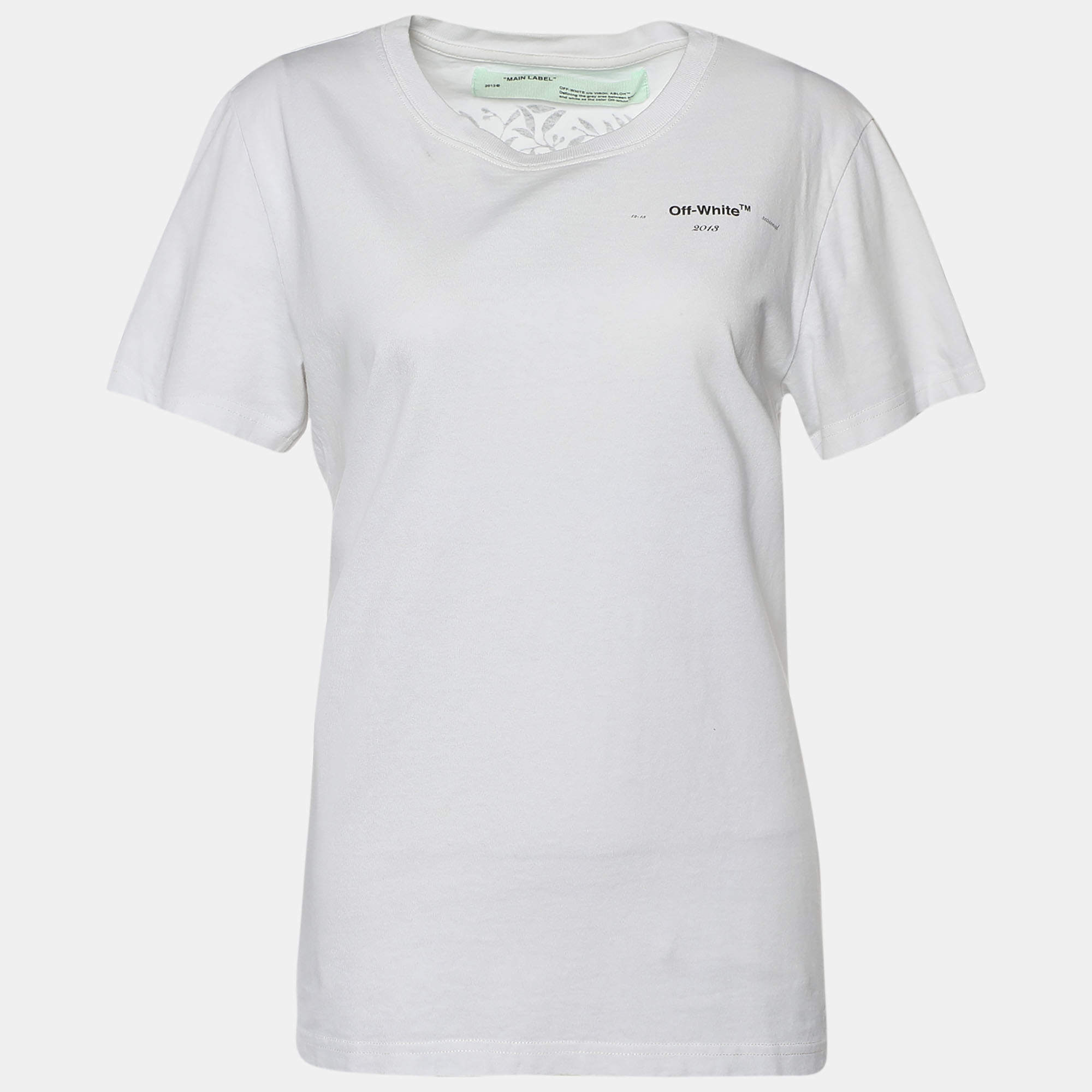 Pre Owned Off-White White Cotton Logo Printed Crew Neck T-Shirt M