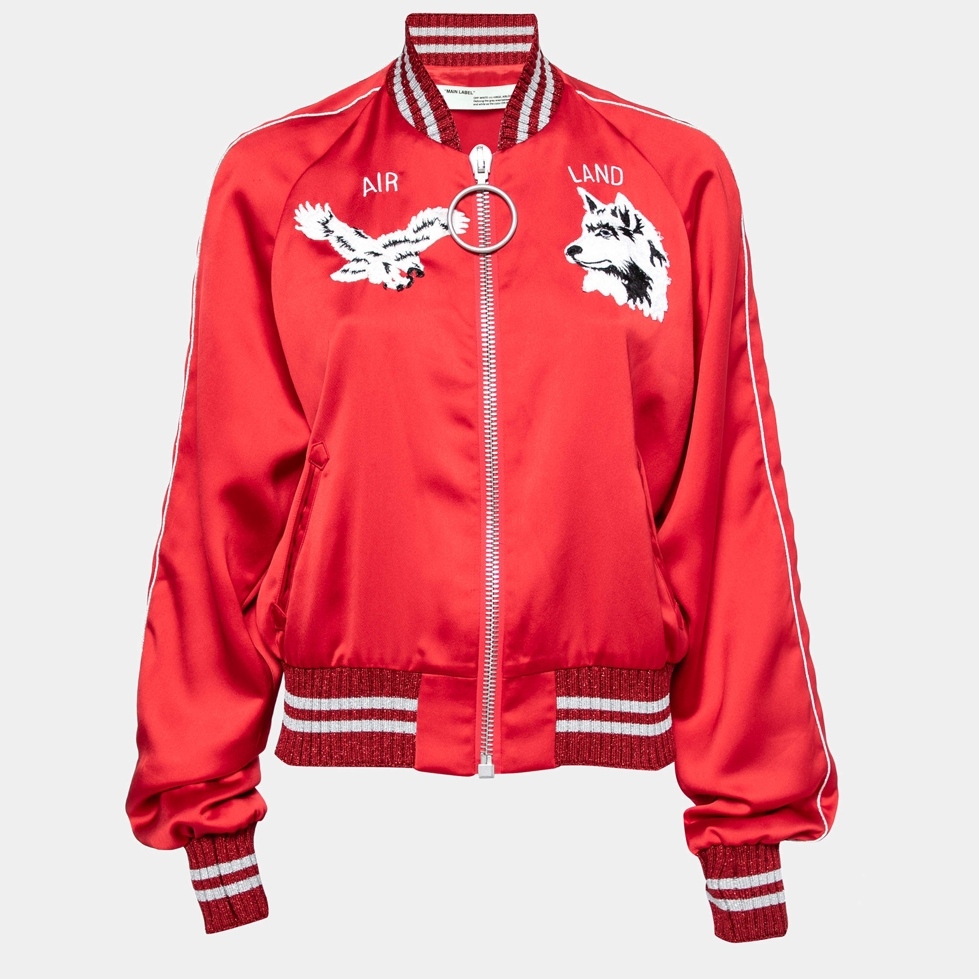 Off-White Red Satin Rib Knit Trimmed Greenland Bomber Jacket M