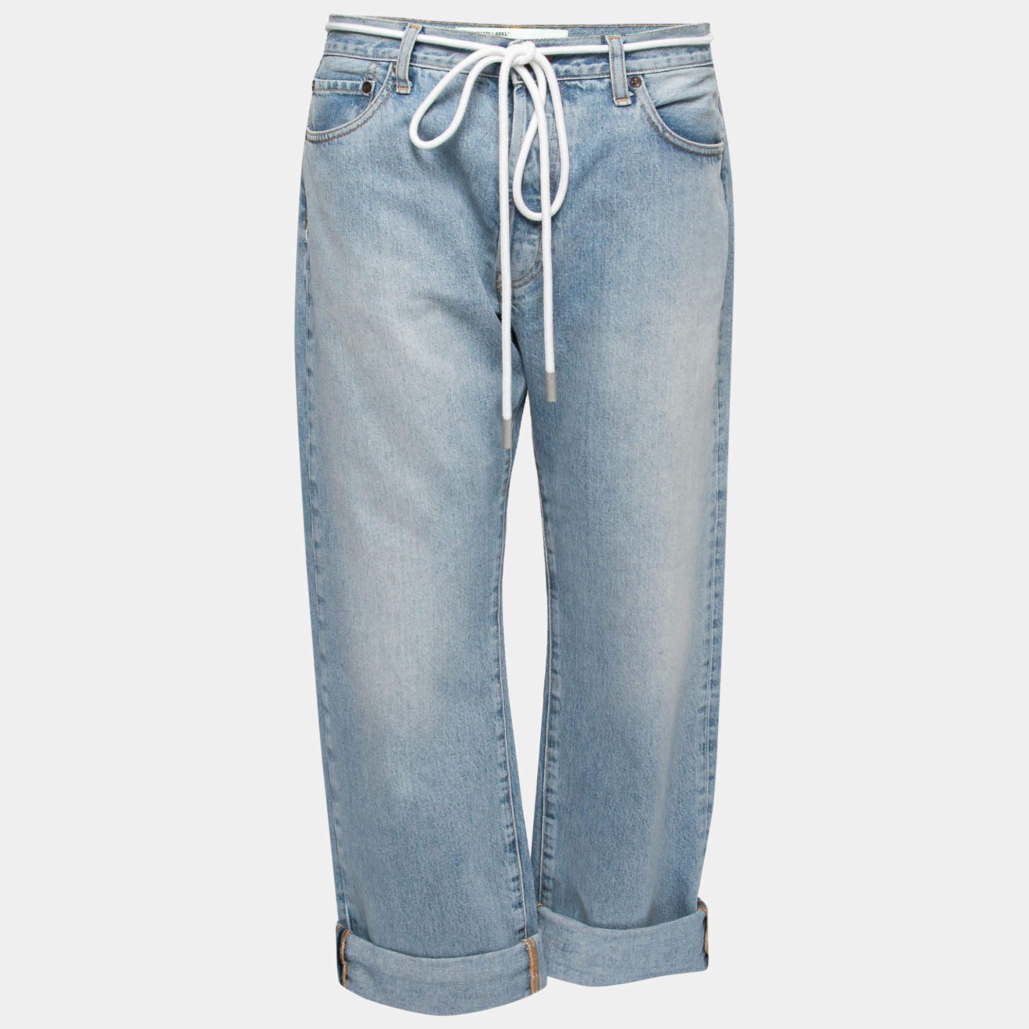 Pre Owned Off-White Light Blue Denim Drawstring Waist Boyfriend Jeans M Waist 28"
