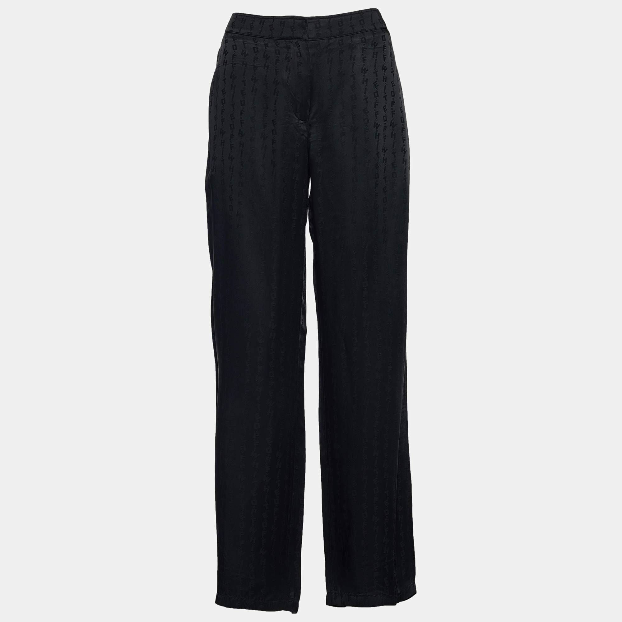 Pre Owned Off-White Black Logo Detail Satin Pallazo Pants M