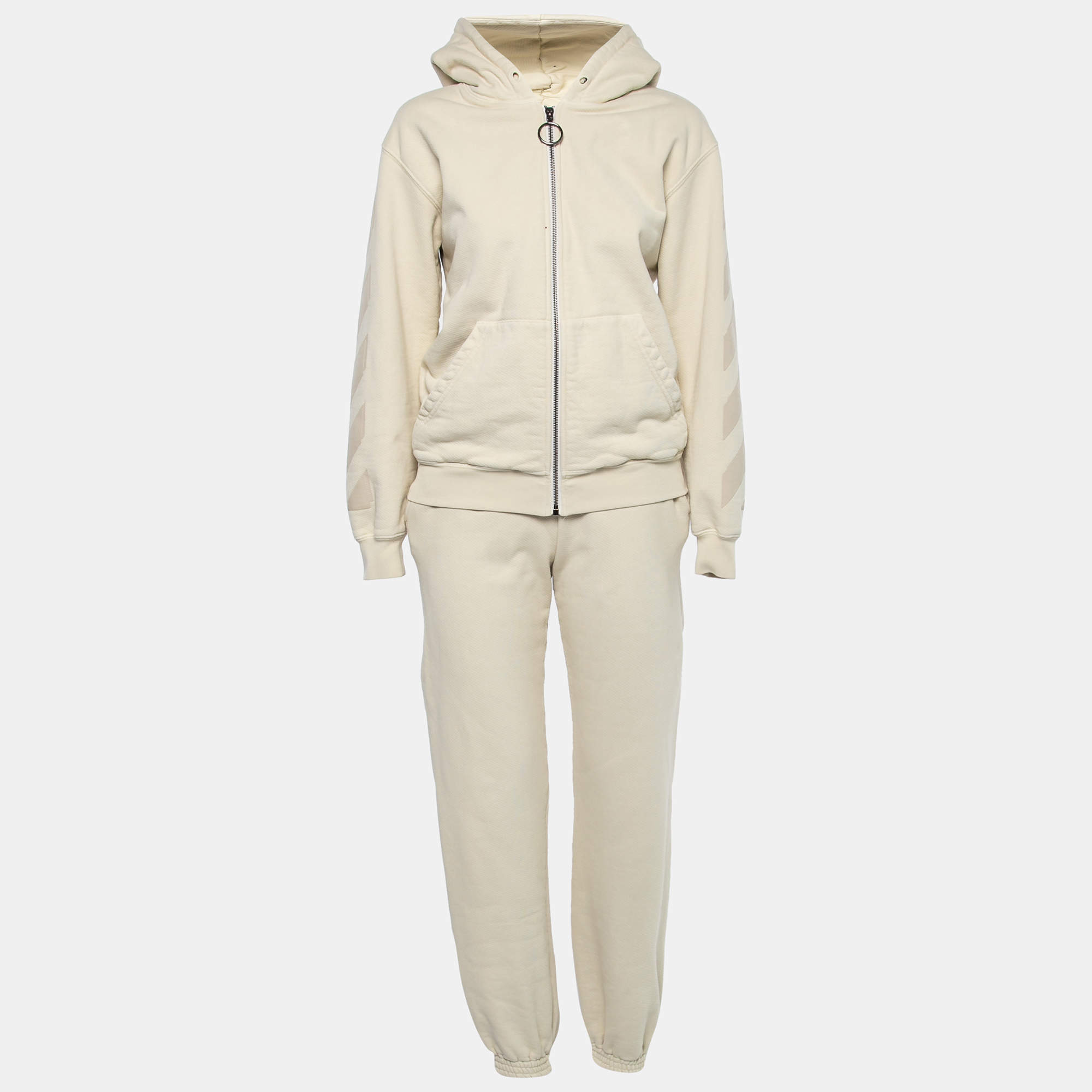 Pre Owned Off-White Cream Cotton Hooded Zip Front Jacket & Jogger Set XXS