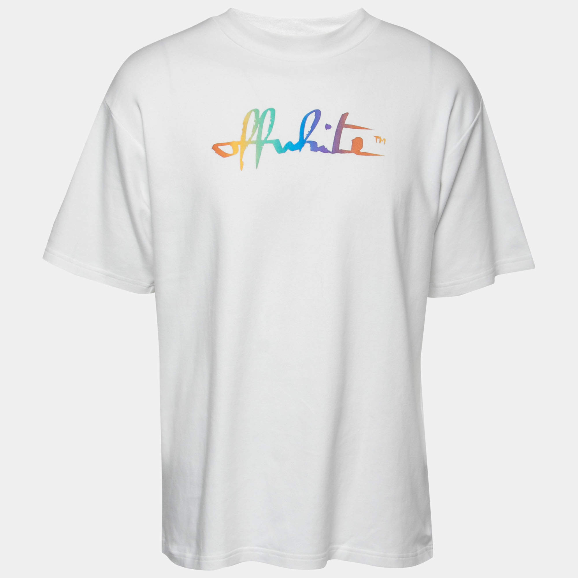 Pre Owned Off-White White Rainbow Script Logo Print Tomboy T-Shirt L  