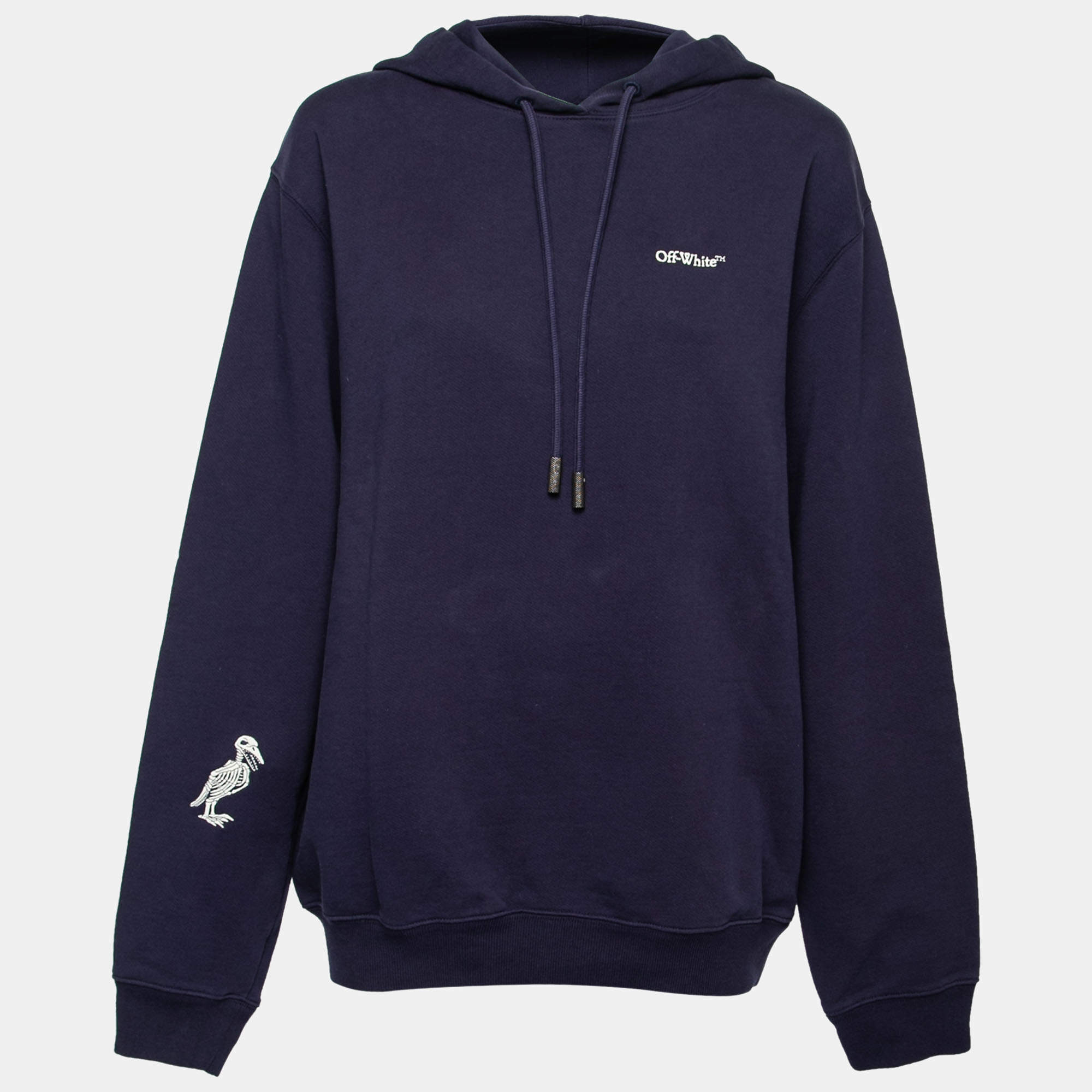 Pre Owned Off-White Navy Blue Skeleton Arrow Print Cotton Hoodie L 