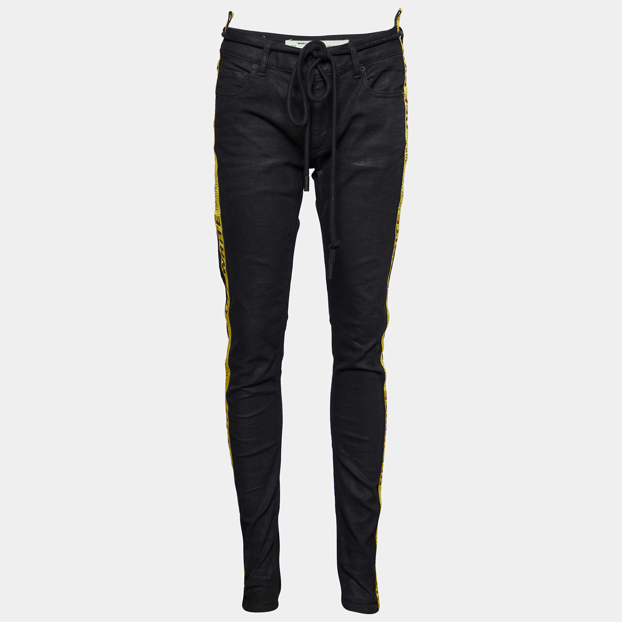 Pre Owned Off-White Black Coated Denim Logo Tape Detail Strap Skinny Jeans M Waist 31"