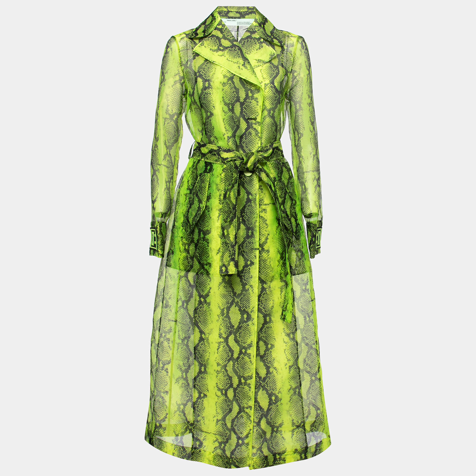 Off-White Green Python Print Tulle Button Front Belted Coat S