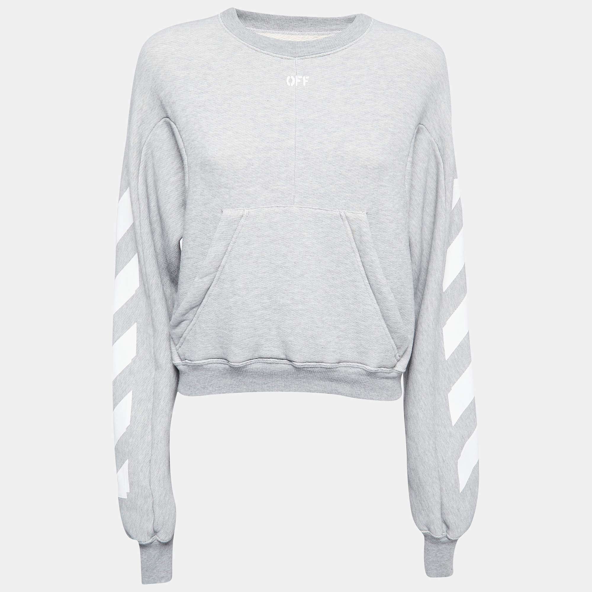 Pre Owned Off-White Grey Cotton Jersey Diagonal Stripe Print Sweatshirt XS