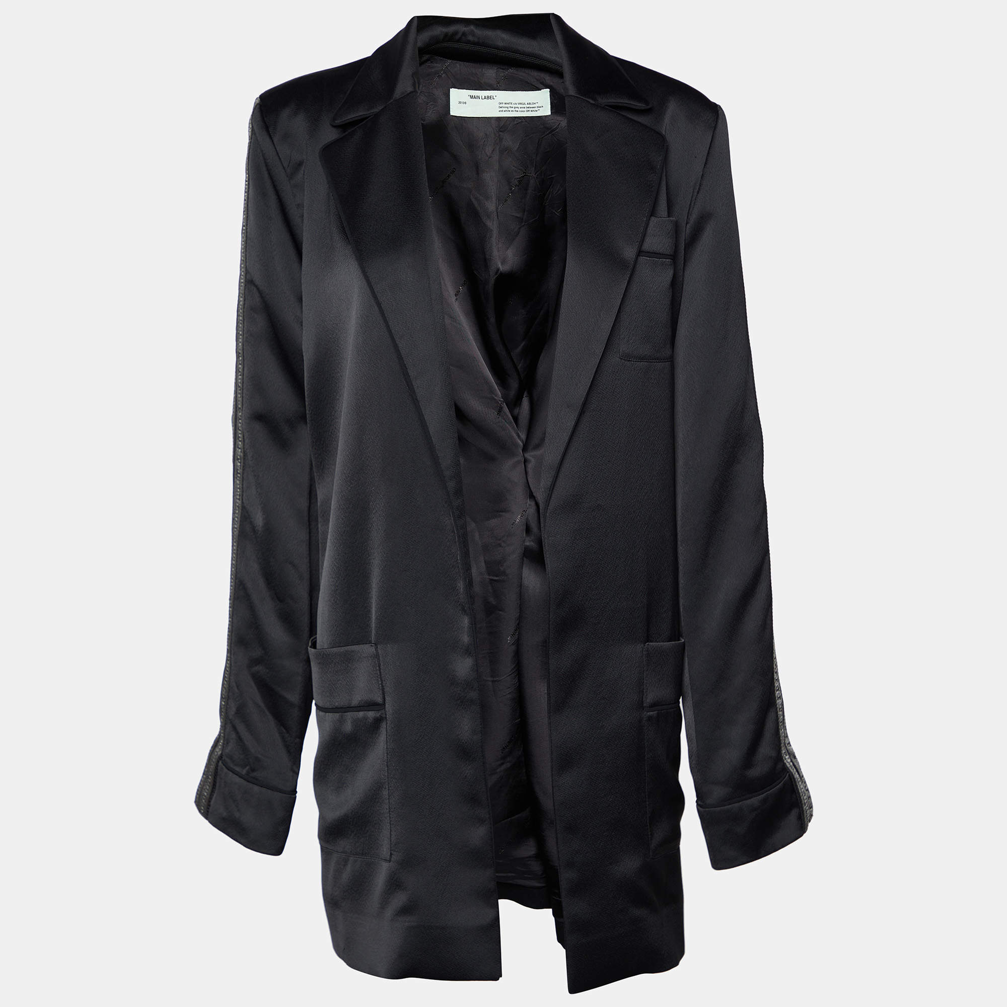 Pre Owned Off-White Black Satin Crepe Logo Strip Detail Open Front Long Blazer M