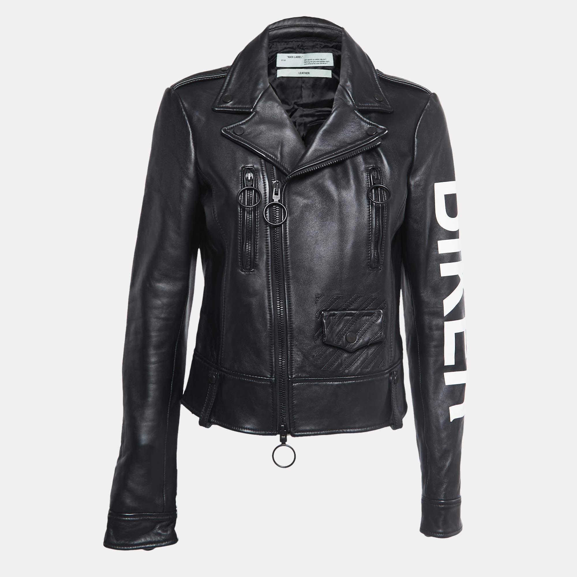 Off-White Black Leather Printed Sleeve Zip Detail Biker Jacket M