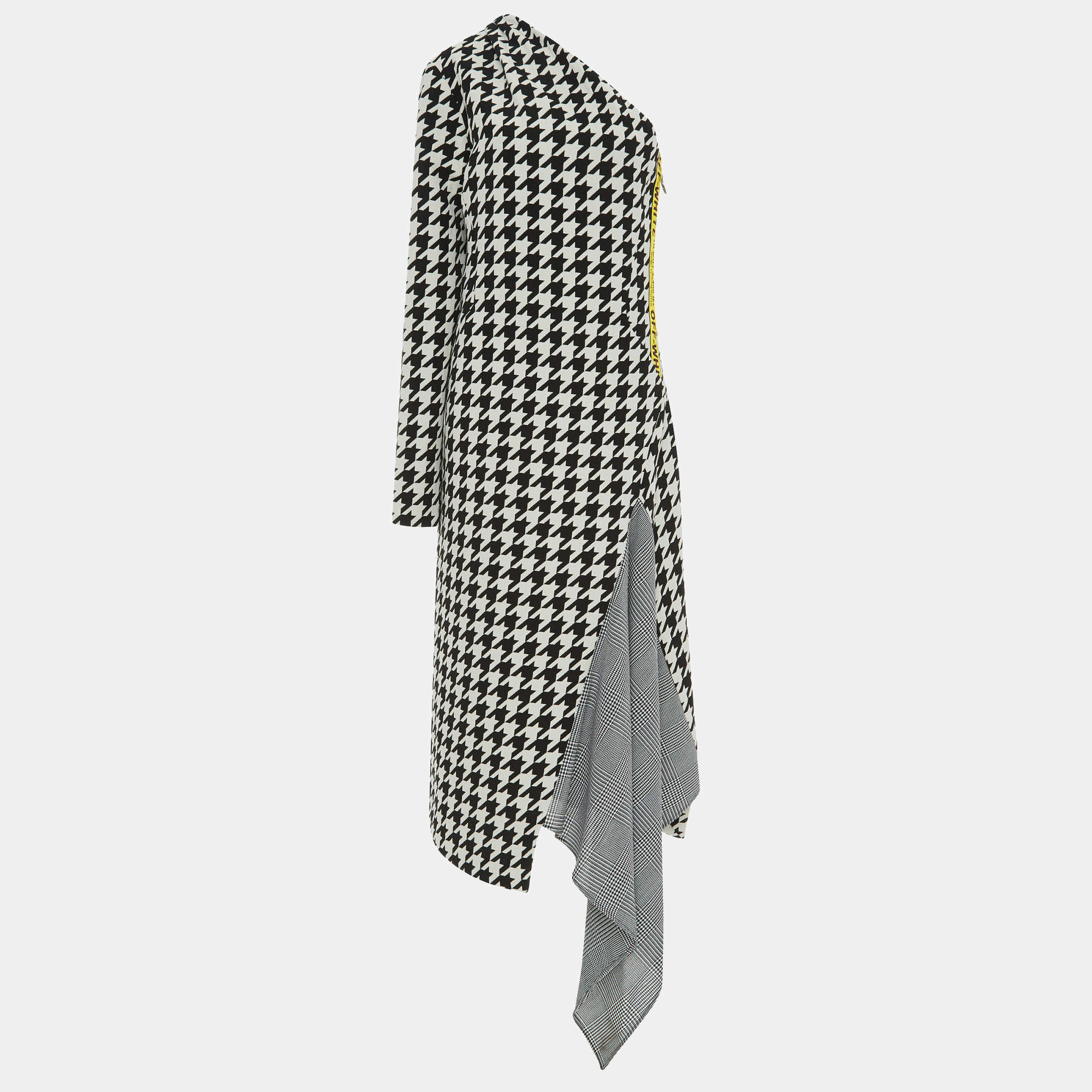 Off-White Black & White Houndstooth Pattern Wool One Shoulder Midi Dress S