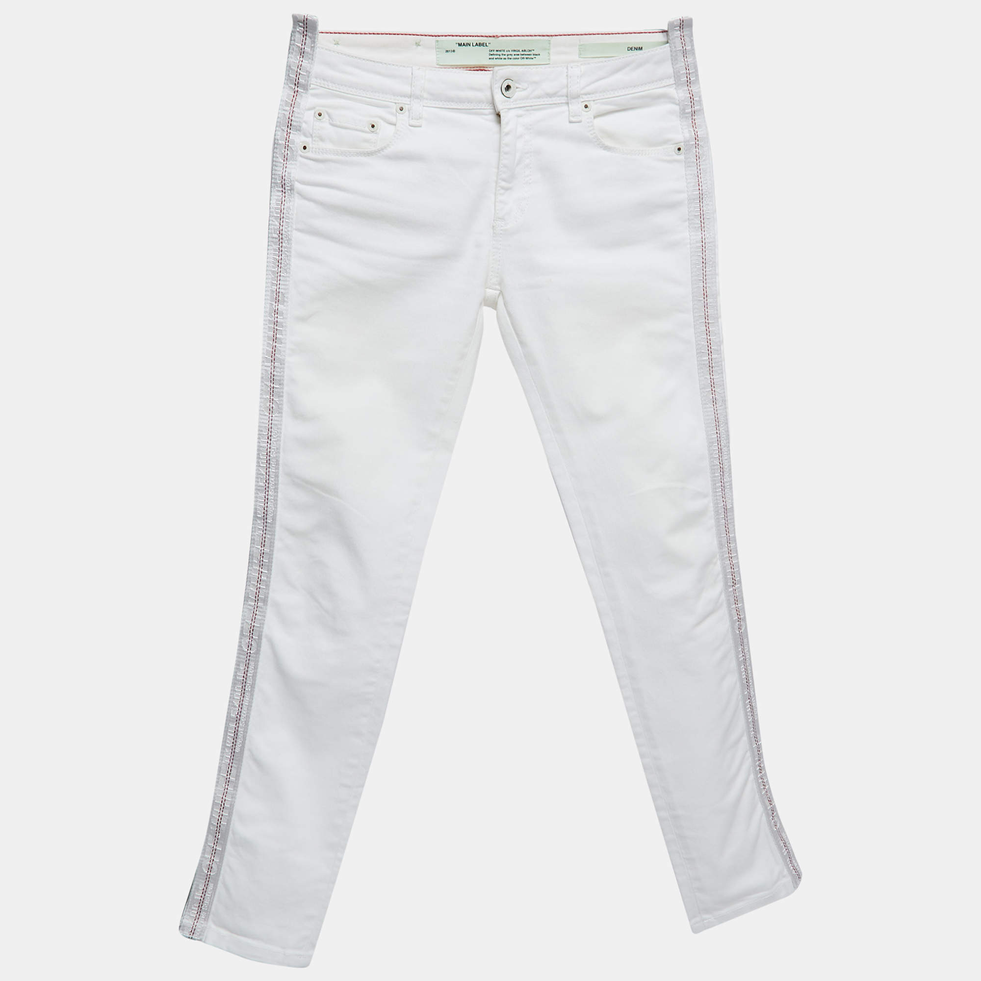 Off-White White Denim Logo Tape Detail Skinny Jeans S Waist 26"