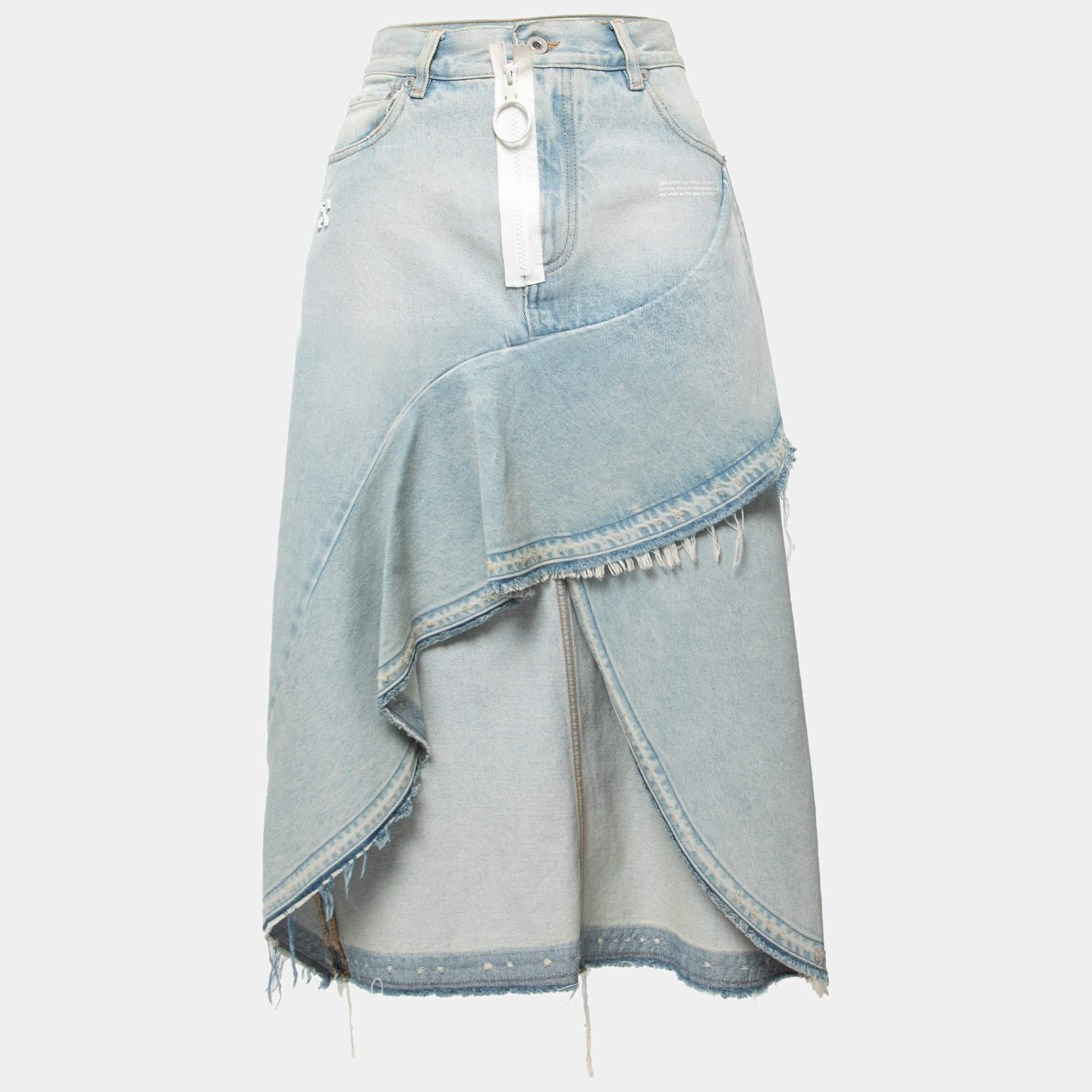 Pre Owned Off-White Blue Washed Denim Asymmetrical Midi Skirt M