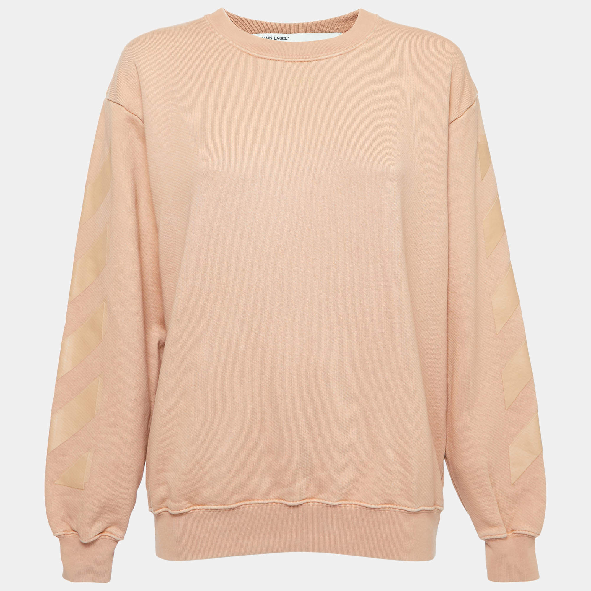 Pre Owned Off-White Light Orange Logo Print Cotton Crew Neck Sweatshirt XS