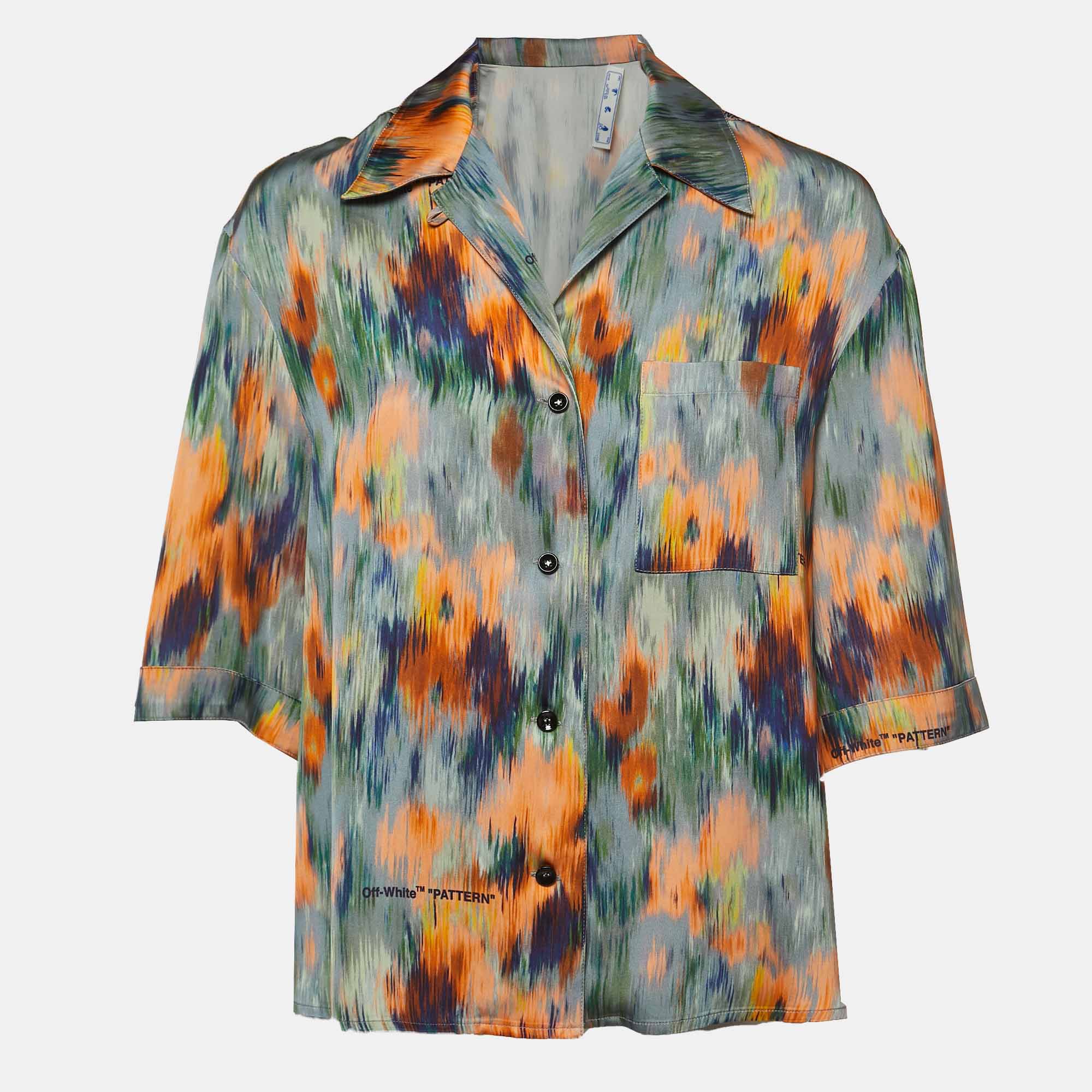 Pre Owned Off-White Multicolor Romantic Print Satin Bowling Shirt S