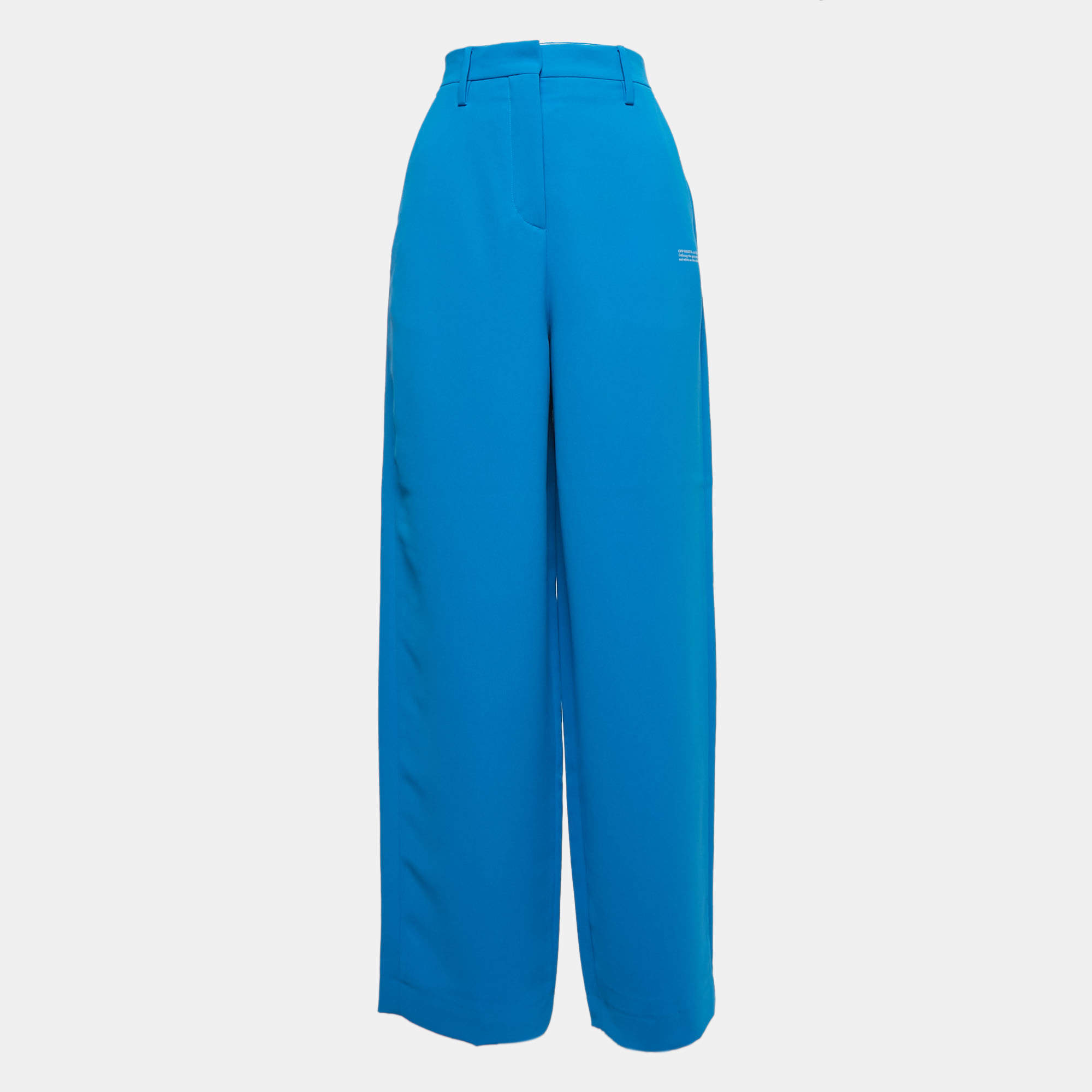 Pre Owned Off-White Blue Logo Print Crepe High Waist Trousers M
