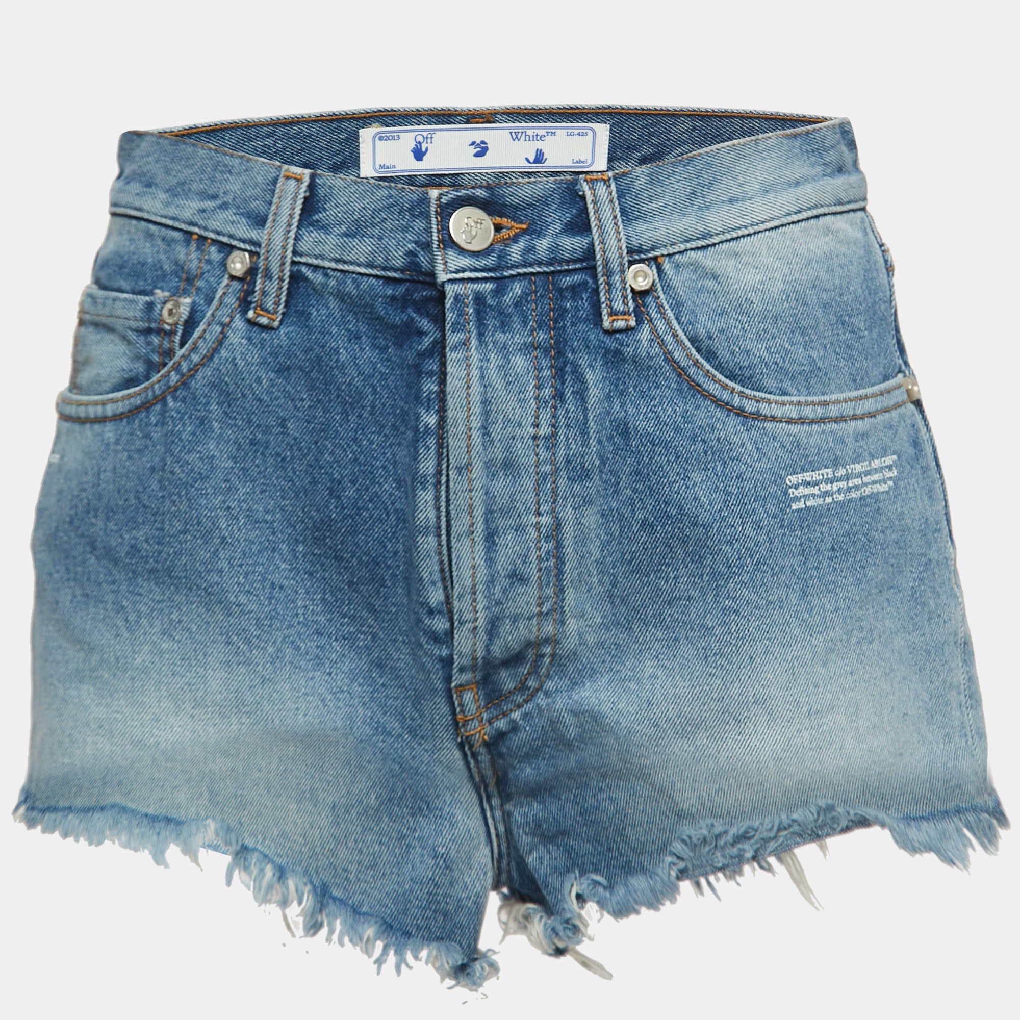 Pre Owned Off-White Blue Denim Frayed Shorts S Waist 25" 