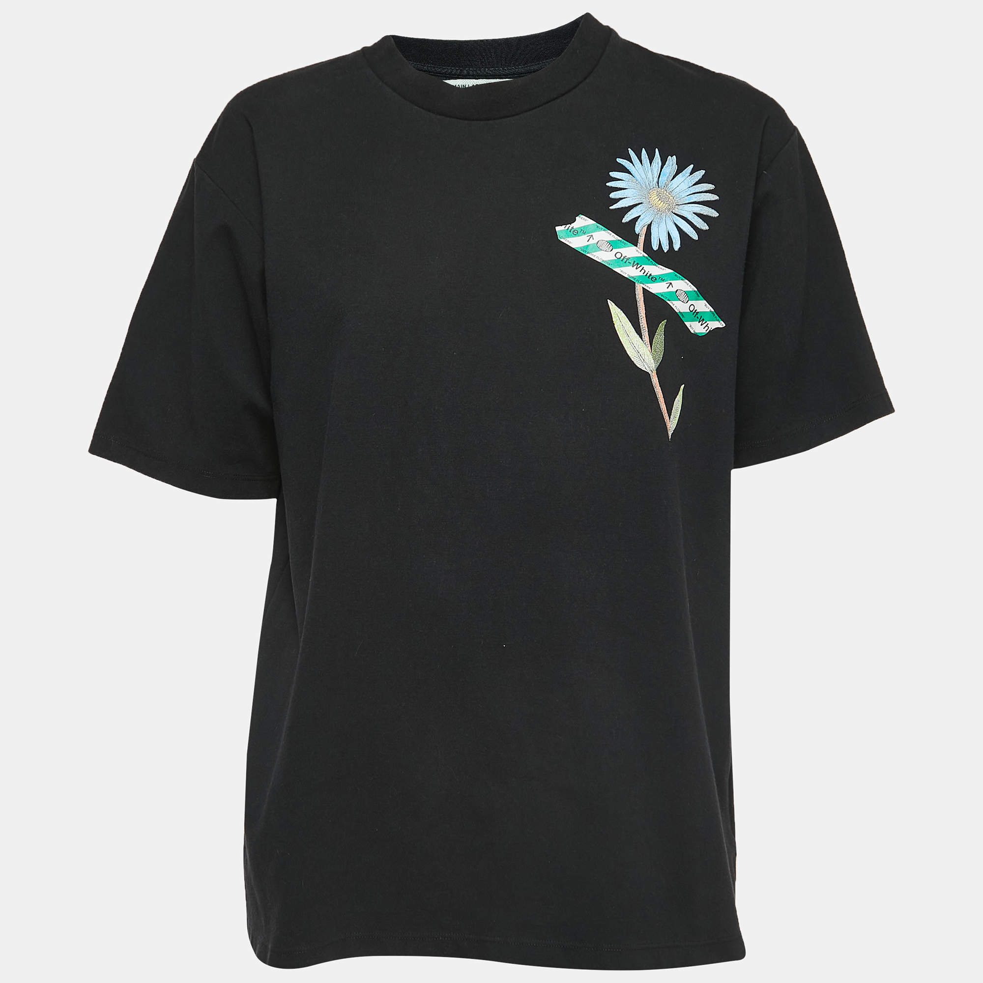 Pre Owned Off-White Black Flower Tape Print Cotton Half Sleeve T-Shirt S