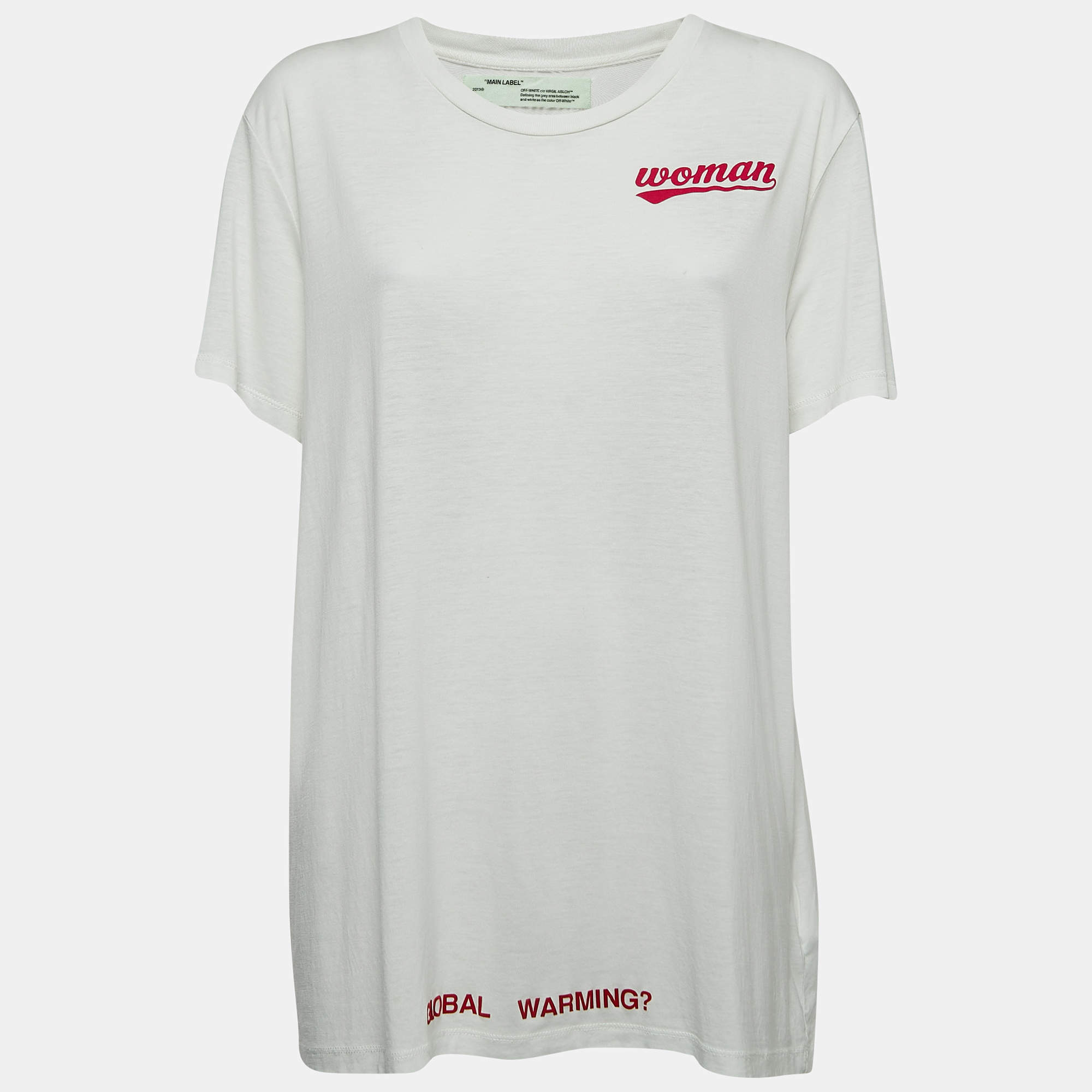 مملوكة مسبقًا Off-White White Rose Print Cotton Blend Knit Half Sleeve T-Shirt S