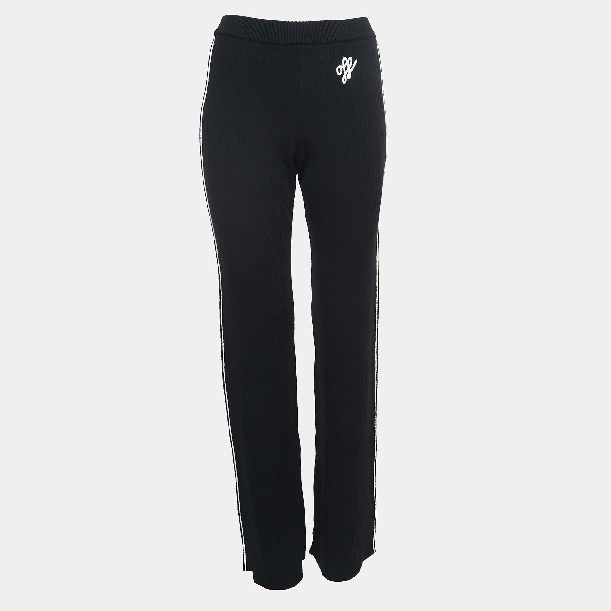 Off-White Black Logo Embroidered Wool Knit Flared Pants M
