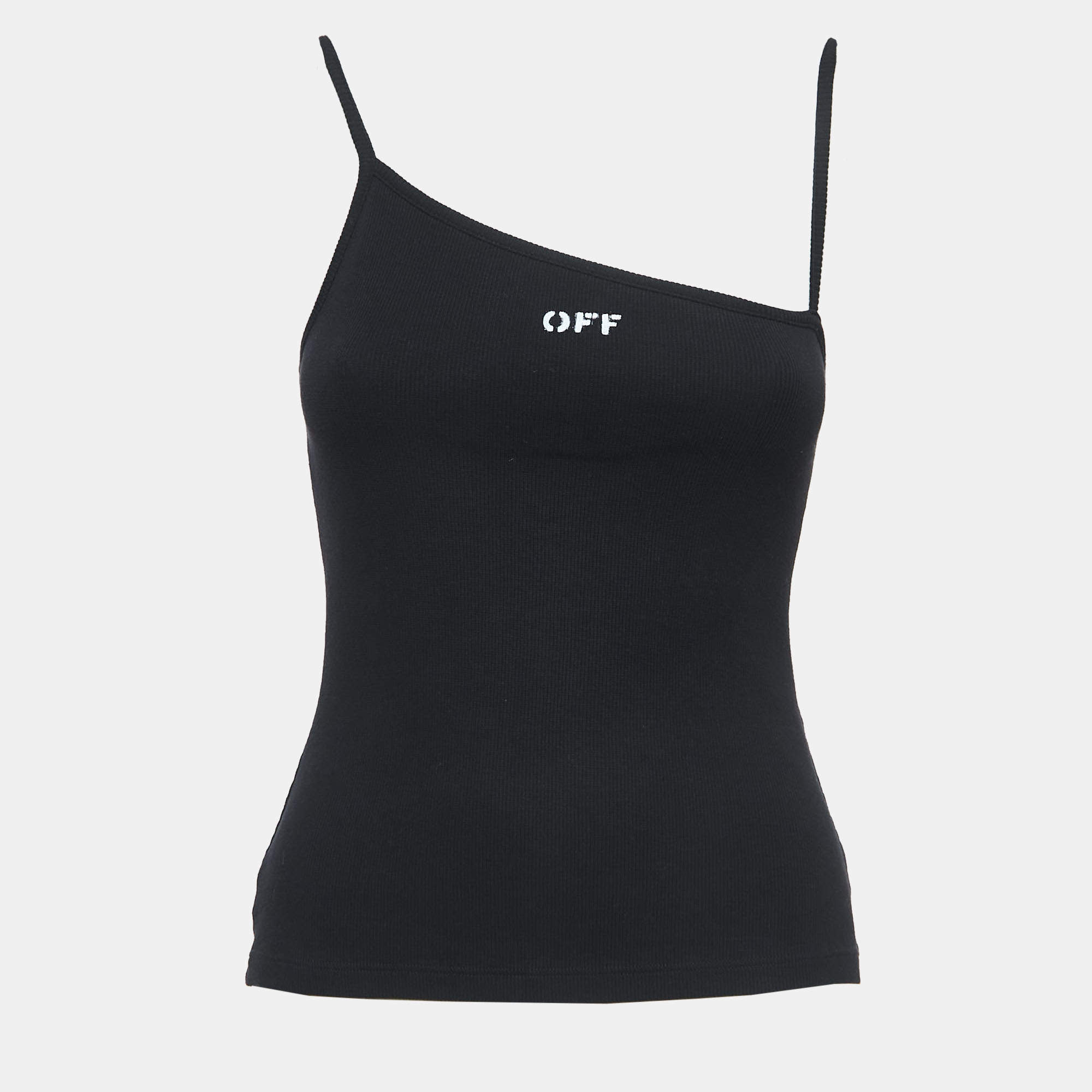 Off-White Black Logo Print Cotton Asymmetric Neck Vest Top XXS
