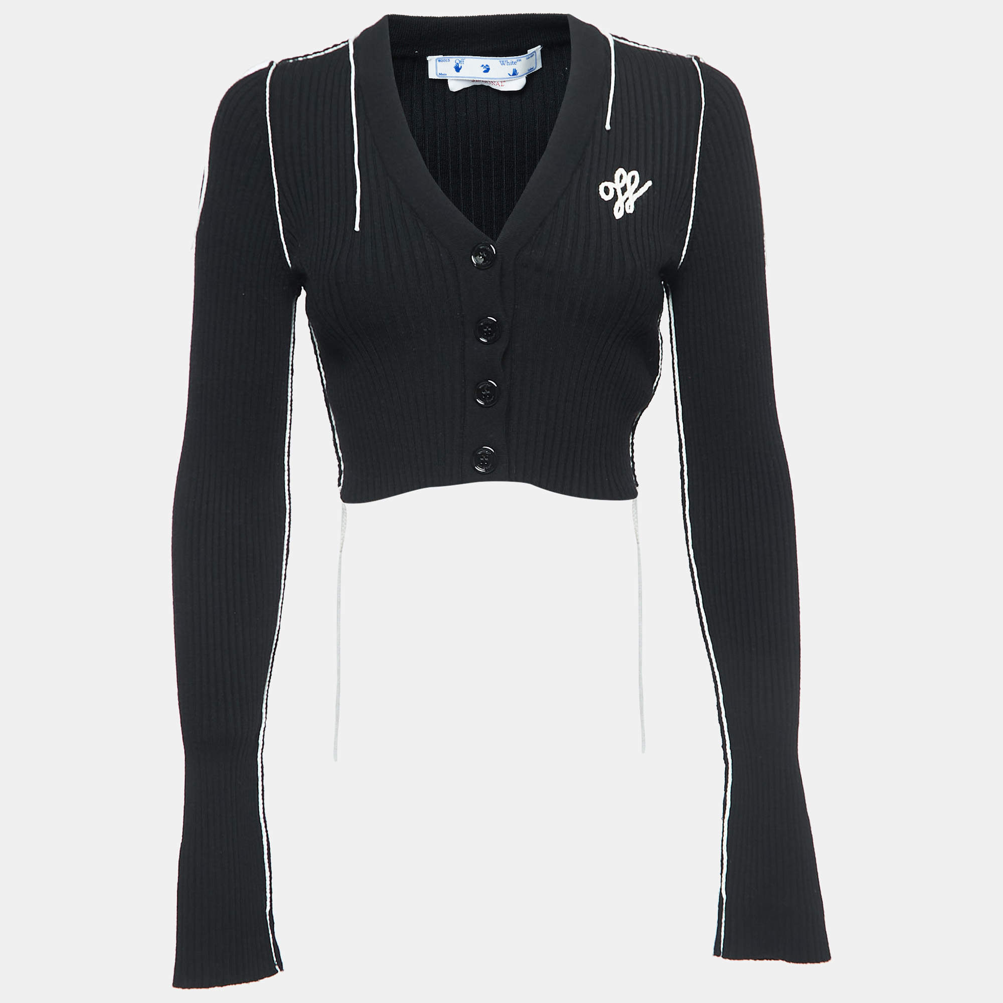 Pre Owned Off-White Black Logo Embroidered Ribbed Knit Cropped Cardigan M