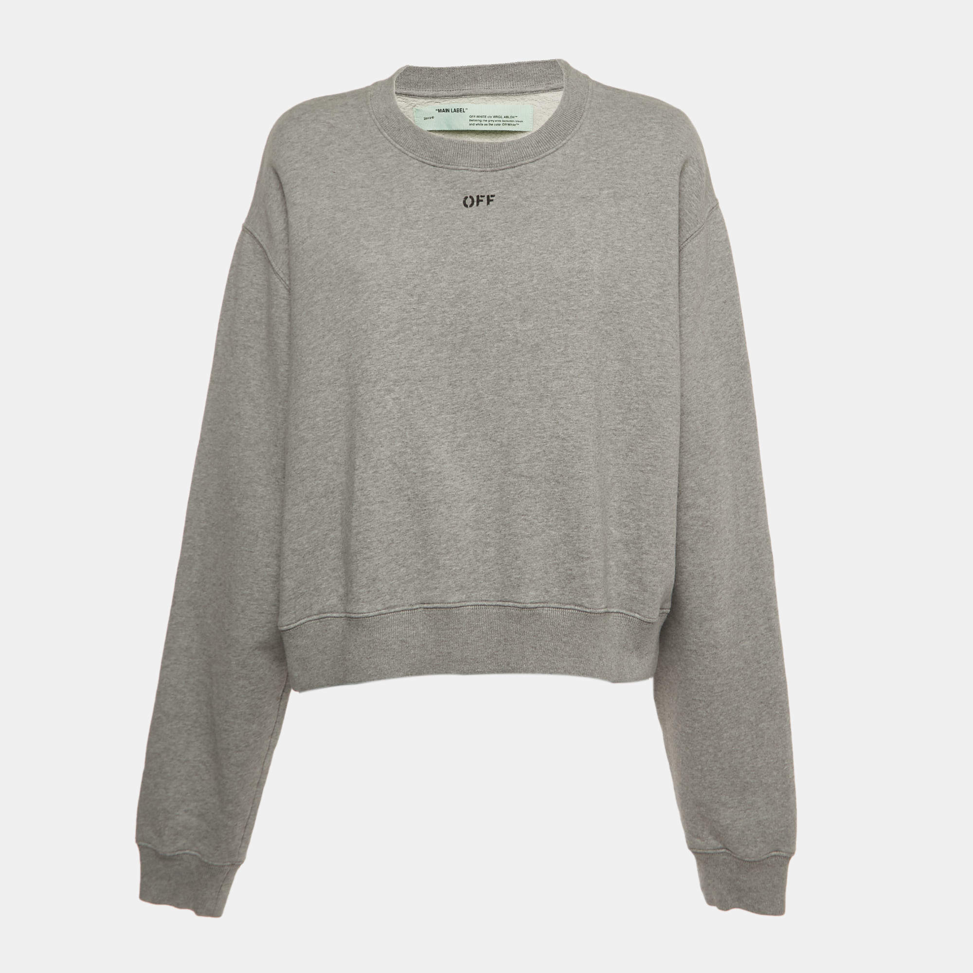 Pre Owned Off-White Grey Logo Print Cotton Cropped Sweatshirt L
