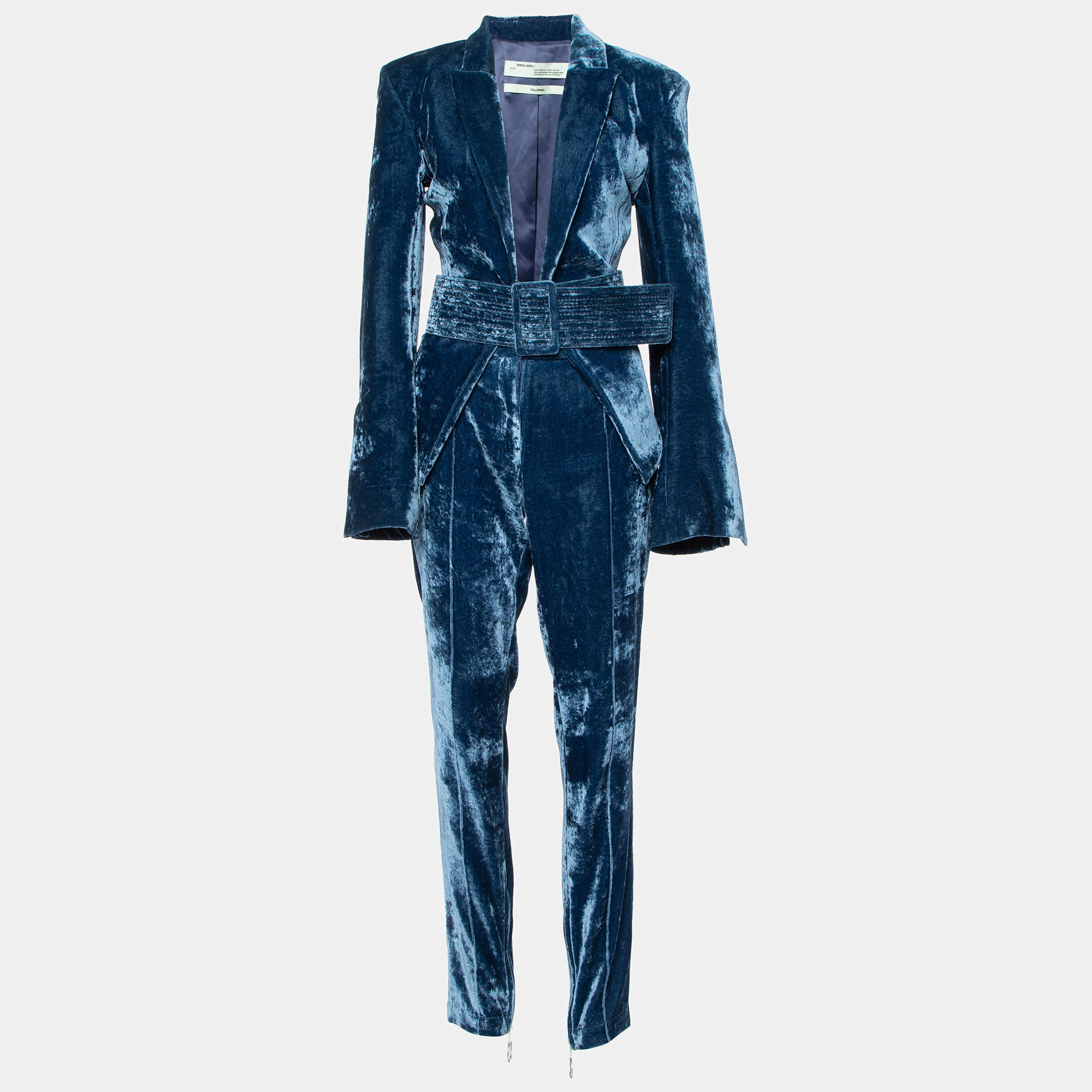 Pre Owned Off-White Navy Blue Velvet Belted Blazer & Pants Set M