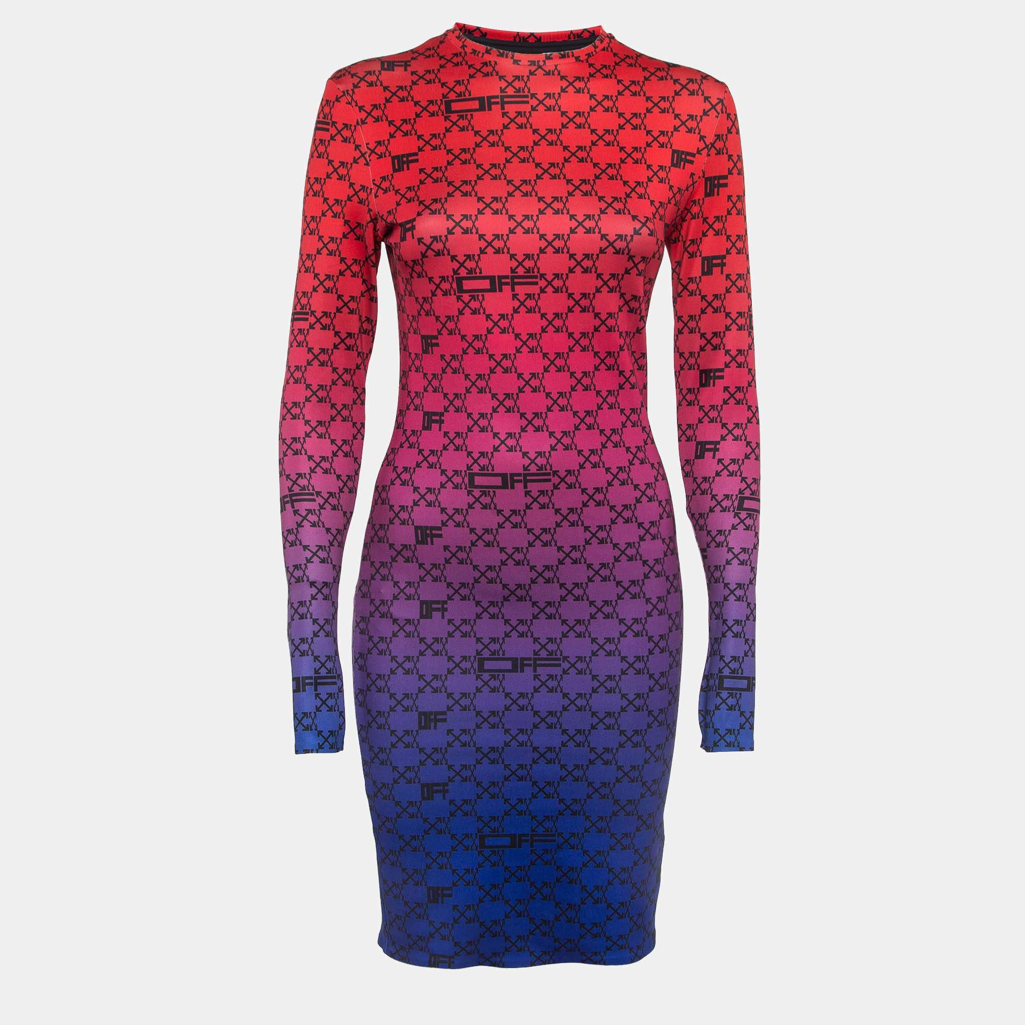 Off-White Multicolor Logo Print Stretch Knit Long Sleeve Mini Dress M