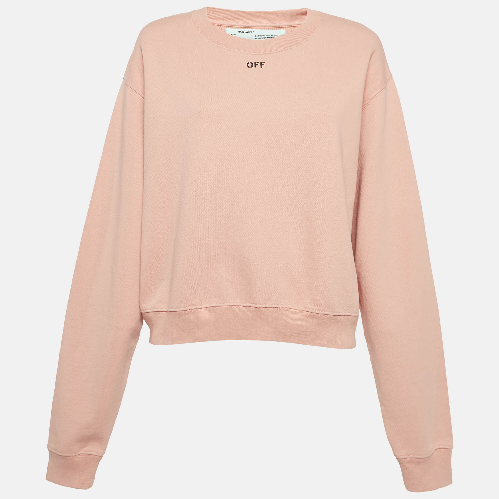 Pre Owned Off-White Pink Logo Print Cotton Knit Sweatshirt L